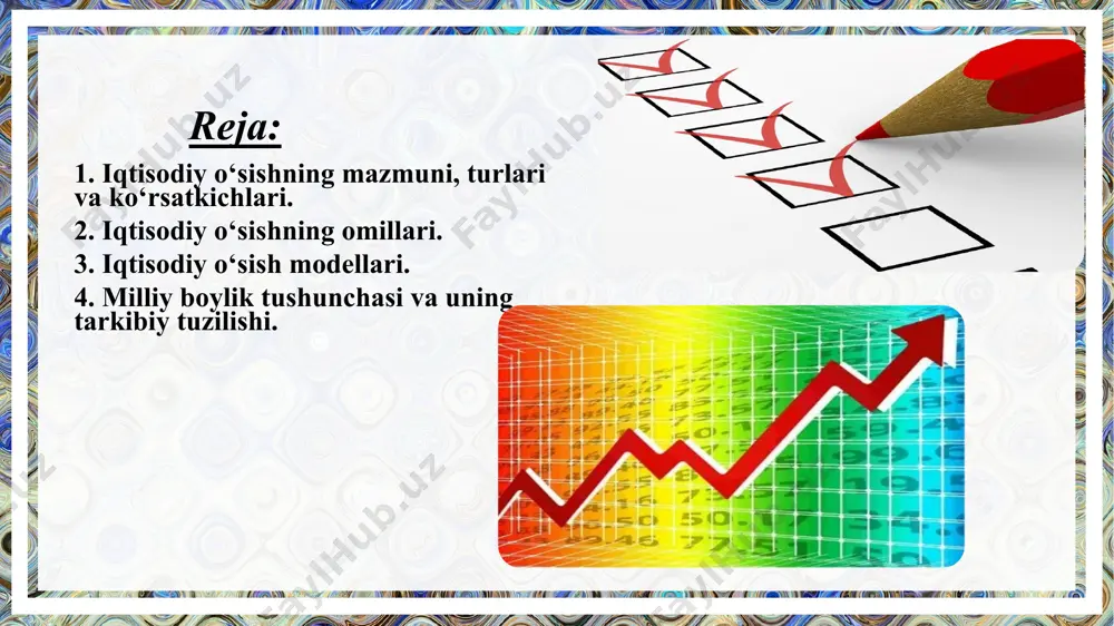 n: moddiy buymlashgan boylik nomoddiy boylik tabiiy boylik o`zbekistondayaim qo‘shimcha o‘sish sur’atlari o`zbekistonda - iqtisodiy o`sish (yaim ) 5,1% 5,5 1,6% 2020 2018 2019 7,% 2021 31 e’tiboringiz uchun raxmat image2.jpeg image3.png image1.jpg image4.png image5.jpeg image6.jpeg image7.png image8.jpeg image9.jpeg image10.jpeg image11.jpeg image12.jpeg image13.jpeg image14.png image15.jpeg image16.jpeg image17.jpeg image18.jpeg image19.jpeg image20.jpeg image21.jpeg image22.jpeg image23.jpeg image24.png image25.jpeg image26.jpeg image27.jpeg image28.jpeg image29.jpeg image30.jpeg image31.png image32.png /docprops/thumbnail.jpeg