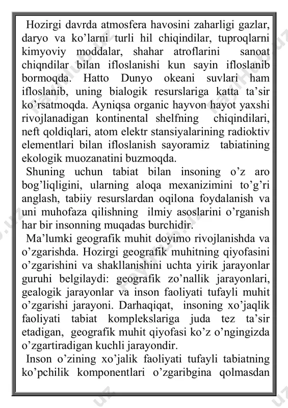 avannalar, dasht, cho’l,o’rmondasht va tog’tabiat ko’mplekslarining qiyofasi keskin o’zgartirildi. tabiiy ko’mpleks o’rnini qayta shakillangan antropagen lanshaftlar egalladi. quruq va issiq iqlim zo’nalari sharoyitida, jumladan o’rta osiyo va o’zbekistonda voha landshaftlari vujudga keldi. antropagen tabiat ko’mplekslari hamma geogrfik zonalarda, tog’li o’lkalarda uchraydi va ular turli hil zo’na sharoyitida vujudga keladi. har bir zo’na o’zining antropogen yig’indisiga ega. antropogen ko’mplekslarning tabiiy sharoyiti o’ziga xos xususiyatlarga ega bo’lsa – da, ular qaysi zo’na hududida joylashgan bo’lsa, shu zo’naning tabiiy sharoyiti bilan bog’liq holda rivojlanadi va tabiiy qonuniyatlar asosida tarraqiy etadi. ular o’zining xo’jalikda foydalanishga ko’ra ikki turga bo’linadi: madaniy va madaniy bo’lmagan ko’mplekslar. binobarin, yuqorida aytilganlarga asoslanib, antropogen ko’mpleks mohiyatini quyidagich tariflash mumkin. antropagen ko’mpleks deb yer yuzasining tubdan o’zgartirilgan va inson faoliyati tufayli shakilangan hamda kelib chiqish nuqtayi nazaridan tabiiy ko’mpleks kabi mustaqil genetic qatorga ega bo’lgan geografik ko’mpleksga aytiladi. geografik qobiqning bir butunligi tabiatda oqilona foydalanishni va uni muhofaza qilishni talab …