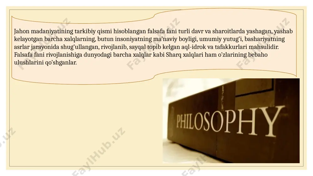 hukmdorlar va odamlarning kelgusidagi taqdirini yulduz va sayyoralarning vaziyatiga qarab “oldindan aytib berish” qadimgi mesopotamiya va bobilda astrologiya nomini olgan. bobilliklarning qadimgi madaniyati, diniy e’tiqodlari, falsafiy qarashlari, adabiy asarlari, afsona va rivoyatlari nasldan-naslga o’tib sharqdagi ko’pgina xalqlarning madaniy ma’naviy taraqqiyotiga, ijtimoiy-falsafiy fikrlari rivojiga o’zining ijobiy ta’sirini ko’rsatgan. misr madaniyati jahon madaniyatining eng qadimgilaridan bo’lib hisoblanadi. qadimgi misrda ilk madaniy yodgorliklar eramizdan to’rt ming yil ilgari vujudga kelgan. qadimgi sharq madaniyatining boshqa namunalari singari misr madaniy yodgorliklarining ertak, rivoyat, gimn, duo, didaktik asarlar, masal, epos, ishqiy lirika, xullas, xalq donishmandchiligining boshqa turlarida ham o’sha davrdagi ijtimoiy muhit, iqtisodiy hayot, tabobat, urf-odatlar, tabiat hodisalari, diniy, axloqiy, huquqiy, falsafiy qarashlar garchi yuzaki tarzda bo’lsada, o’z ifodasini topgan. qadimgi misr mifologiyasida hamma narsa suvdan paydo bo’lgan va hamma narsada havo bor, deyiladi. shuning uchun ham misrliklar suvni odamga oziq-ovqat beruvchi dastlabki ulug’ ne’mat, deb bilganlar. suv ularga butun tabiatning asosi bo’lib ko’ringan. misrliklar, hayot …