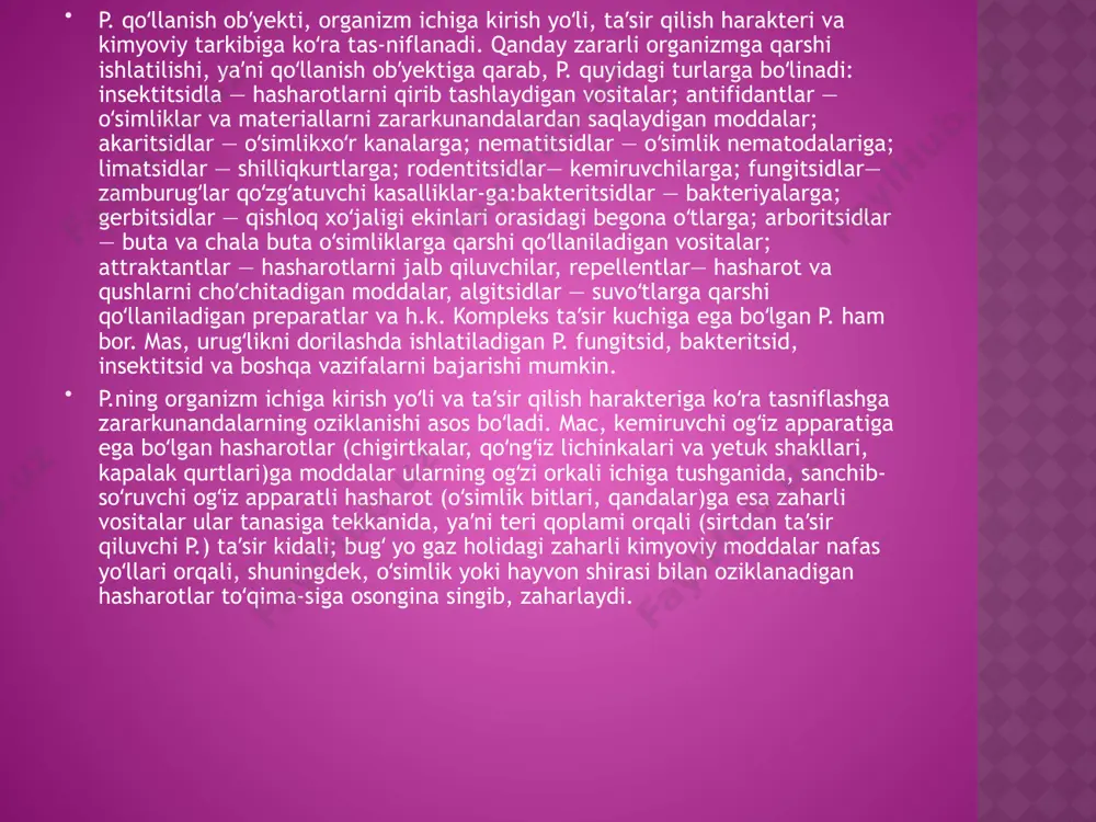 lardan foydalaniladi. bunday qoʻshilmalar qishloq xoʻjaligi hayvonlarining toʻliq oʻsishi, oziqlanishi va mahsuldorligini taʼminlaydi. ulardan toʻliq ratsionli aralash yem ishlab chiqarishda foydalaniladi. chorvachilikda ozuqa va dorivor vositalar sifatida hayvonlarga zarur mineral moddalar: makroelementlar va mikro-elementlar; mineral qoʻshimcha sifatida osh tuzi, boʻr, ohak, ftorsizlantirilgan fosfat, suyak uni va boshqa beriladi. tuproqda mikroelementlar kam r-nlarda hayvonlar ratsioniga temir, kobalt, mis, yod, marganets birikmalari qoʻshiladi. hazm boʻladigan pro-tein yetishmaganda chorva mollari ratsioni korbamid (mochevina) bilan toʻldiriladi. veterinariya amaliyotida kimyoviy sintez asosida olingan dori vositalari qoʻllaniladi. qishloq xoʻjaligiga azotli, fosforli va kaliyli mineral oʻgʻitlar, murakkab oʻgʻitlar yetkazib beriladi. suyuq oʻgʻitlar, ayniqsa, azotli oʻgʻitlar hamda mikrooʻgʻitlar koʻplab ishlab chiqarilmoqda va ishlatilmoqda. bakterial oʻgʻitlar (azotobakterin, nitragin, entobakterin va boshqalar) dukkakli oʻsimliklar ildizida azot toʻplovchi tuganaklar hosil boʻlishiga va tuproqda azot toʻplovchi mikroorganizmlar koʻpayishiga yordam beradi. defoliantlar (de... va folium -barg) — hosilni yigʻib-terib olishni osonlashtirish maqsadlarida oʻsimliklar bargini toʻkish uchun qoʻllaniladigan kimyoviy moddalar. peapitsidlar guruhiga kiradi. d. …