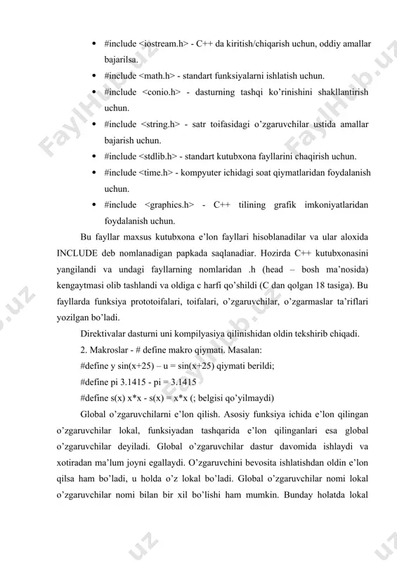 dasturda bo’lishi shart. umuman olganda c++ dagi dastur funksiyalardan iborat deb qaraladi. main ( ) funksiyasi { boshlanadi va dastur oxirida berkitilishi shart } . main – asosiy degan ma’noni beradi. bu funksiya oldida uning toifasi ko’rsatiladi. agar main ( ) funksiyasi beradigan (qaytaradigan) javob oddiy so’z yoki gaplardan iborat bo’lsa, hech qanday natija qaytarmasa, void so’zi keltiriladi. main ( ) funksiyasi dastur tomonidan emas, balki os tomonidan chaqiriladi. osga qiymat qaytarish shart emas, chunki u bu qiymatdan foydalanmaydi. shuning uchun main ( ) funksiyasining turini void deb ko’rsatganimiz ma’qul. har bir funksiyaning o’z argumenti bo’ladi, shuning uchun main funksiya ( ) lari ichiga uning parametri keltiriladi. ba’zan u bo’sh bo’lishi ham mumkin. bu funksiyadan chiqish uchun odatda return operatori ishlatiladi. 0 (nol) qiymatining qaytarilishi operasion tizimga ushbu dastur normal bajarilib turganini bildiradi. return orqali qaytadigan qiymat toifasi funksiya e’lonidagi qaytish toifasi bilan bir xil bo’lishi kerak. masalan int main …