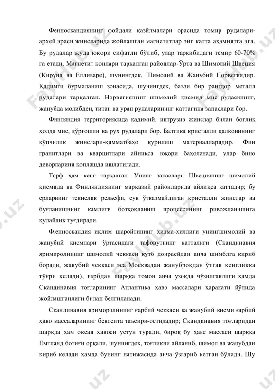 на ва елливаре), шунингдек, шимолий ва жанубий норвегиядир. қадимги бурмаланиш зонасида, шунингдек, баъзи бир рангдор металл рудалари тарқалган. норвегиянинг шимолий қисмид мис рудасининг, жанубда молибден, титан ва уран рудаларининг каттагина запаслари бор. финляндия территориясида қадимий. интрузив жинслар билан боғлиқ ҳолда мис, қўрғошин ва рух рудалари бор. балтика кристалли қалқонининг кўпчилик жинслари-қимматбаҳо қурилиш материалларидир. фин гранитлари ва кварцитлари айниқса юқори баҳоланади, улар бино деворларини қоплашда ишлатилади. торф ҳам кенг тарқалган. унинг запаслари швециянинг шимолий қисмида ва финляндиянинг марказий районларида айлиқса каттадир; бу ерларнинг текислик рельефи, сув ўтказмайдиган кристалли жинслар ва буғланишнинг камлигв ботқоқланиш процессининг ривожланишига қулайлик туғдиради. ф.енноскандия иқлим шаройтининг хилма-хиллиги унингшимолий ва жанубий қисмлари ўртасидаги тафовутнинг катталиги (скандинавия яриморолининг шимолий чеккаси қутб доирасйдан анча шимблга кириб боради, жанубий чеккаси эса москвадан жануброқдан ўтган кенгликка тўғри келади), ғарбдан шарққа томон анча узоқда чўзилганлиги ҳамда скандинавия тоғларининг атлантика ҳаво массалари ҳаракати йўлида жойлашганлиги билан белгиланади. скандинавия яриморолининг ғарбий чеккаси ва жанубий қисми …