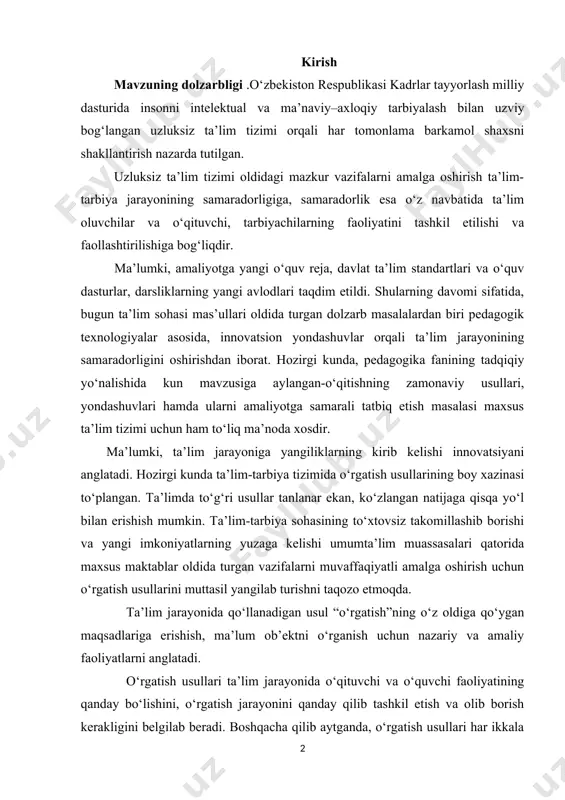 g yuzaga kelishi umumta’lim muassasalari qatorida maxsus maktablar oldida turgan vazifalarni muvaffaqiyatli amalga oshirish uchun o‘rgatish usullarini muttasil yangilab turishni taqozo etmoqda. ta’lim jarayonida qo‘llanadigan usul “o‘rgatish”ning o‘z oldiga qo‘ygan maqsadlariga erishish, ma’lum ob’ektni o‘rganish uchun nazariy va amaliy faoliyatlarni anglatadi. o‘rgatish usullari ta’lim jarayonida o‘qituvchi va o‘quvchi faoliyatining qanday bo‘lishini, o‘rgatish jarayonini qanday qilib tashkil etish va olib borish kerakligini belgilab beradi. boshqacha qilib aytganda, o‘rgatish usullari har ikkala faoliyatni, ya’ni o‘qituvchi tomonidan o‘quvchilarni bilim, ko‘nikma va malakalar bilan qurollantirishni hamda o‘quvchilar tomonidan o‘sha nazarda tutilgan ilmiy bilim, ko‘nikma va malakalarini o‘zlashtirish faoliyatida qo‘llanadigan yo‘llarni o‘z ichiga oladi. demak, har ikki o‘rgatish usullari pedagogik jarayon ishtirokchilari(ta’lim oluvchi va beruvchi)ning o‘zaro faoliyati birligini ta’minlashga yo‘naltiriladi. dars jarayonida o‘qituvchi va o‘quvchi faoliyatining turfaligi o‘rgatiladigan ma’lumoning xarakteriga qarab belgilanadi. aynan, mana shu turfalik ta’lim jarayonida muayyan maqsadni amalga oshirishga qaratilgan yangi-yangi usullarni keltirib chiqaradi. maxsus ta’lim tizimida qo‘llaniladigan xususiy usullar umumiy o‘rgatish …