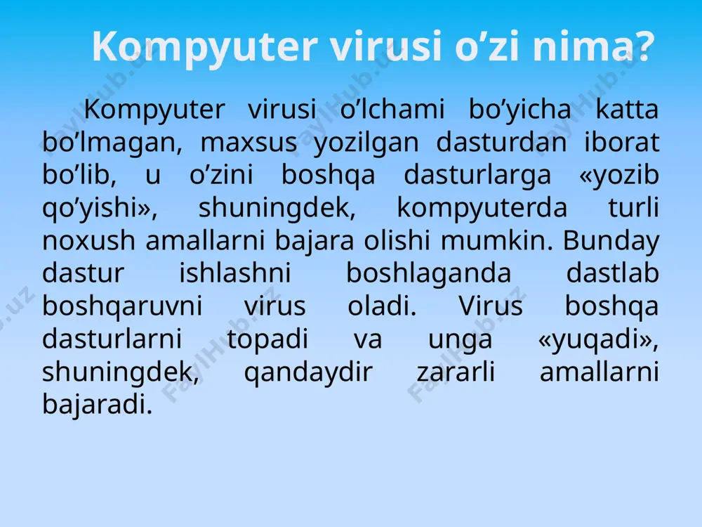dalaniladi. ba’zi rootkitlarni antivirus programmalari ham aniqlay olmaydi, chunki ular o’zlarini operativ tizim fayllari sifatida ko’rsatishadi. rootkitlar odatda troyanlar tomonidan kompyuteringizga o’rnatiladi. virus ning turlari o’zgaruvchan viruslar (polymorphic viruses) bu viruslar nafaqat o’z-o’zidan ko’payadi, balki ko’paygan paytda o’zlarining kodlarini ham o’zgartirib turishadi. o’zgaruvchan viruslarni aniqlash ham ba’zi antiviruslar uchun qiyin kechishi mumkin. virus ning turlari vaqt bombasi viruslari (time or logic bombs) bu viruslar muayyan sana yohud payt kelganida yoki foydalanuvchi tomonidan muayyan harakat amalga oshirilganida ishga tushadigan viruslardir. misol uchun kulgi kunida (1 aprel) yoki yangi yilda kompyuteringizdagi ma’lumotlarni o’chirib tashlab sizga "sovg’a” taqdim etishi mumkin virus ning turlari kompyuter virusdan zararlanganda! ba’zi bir dasturlar ishlamaydi yoki yomon ishlay boshlaydi; ekranga boshqa xabarlar yoki simvollar chiqa boshlaydi; kompyuter ishlashi sekinlashadi; ba’zi bir fayllar buziladi yoki ularning хajmi ortiqcha har хil yozuvlarni qo’shish hisobiga o’zgaradi, kattalashadi; operativ хotiraning bo’sh joyi qisqaradi; sistemali disketdan dasturlarni yuklash qiyinlashadi yoki umuman yuklanmaydi va …