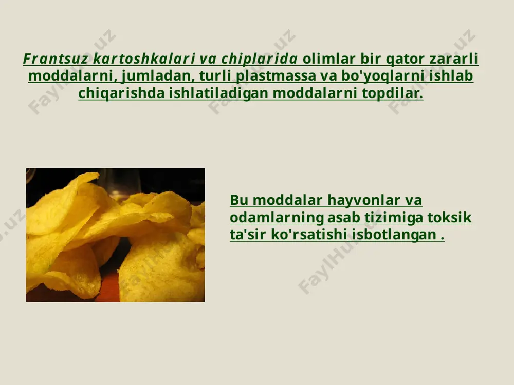 chiqilgan parhezlarga ishoning. "odam nima yeydi". ushbu maqsad sari harakat bosqichma-bosqich - bosqichma-bosqich bo'lishi kerak. har bir qadam hayotning faol yillarini uzaytiradi. har bir inson o'z sog'lig'iga mustaqil ravishda g'amxo'rlik qila oladi. sog'lom turmush tarzini olib borish unchalik qiyin emas. gazlangan ichimliklar tarkibida turli xil konservantlar mavjud , maktab o'quvchilarining oshqozon-ichak traktiga salbiy ta'sir ko'rsatadigan lazzatlar va bo'yoqlar. gazlangan suvda ko'p miqdorda mavjud bo'lgan shakar tishlarning parchalanishiga olib keladi. energiya qiymati koeffitsienti - 1 g moddaning organizmida oksidlanish jarayonida ajralib chiqadigan energiya miqdori (oqsillar uchun - 16,75 kj (4 kkal), uglevodlar - 16,75 kj (4 kkal), yog'lar - 37,68 kj (9 kkal), uchun etil spirti - 29,3 kj (7 kkal), sirka kislotasi uchun - 14,6 kj (3,49 kkal), olma kislotasi uchun - 10 kj (2,39 kkal) va boshqalar). fast-fud kaloriyalarda, yog'larda va vitaminlarda kam. tez ovqatlanishda trans yog'lari keng qo'llaniladi - yog' kislotalarining tabiiy bo'lmagan izomerlari. ulardan foydalanish muqarrar semizlik …