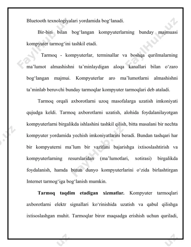 qabul qiluvchi manzillari ko‘rsatiladi va tarmoqqa uzatiladi. har bir kompyuter kelgan axborotdagi qabul qiluvchi manzilini o‘zining manzili bilan solishtiradi, agar manzillar mos kelsa, u holda axborotni qabul qilib oladi va uzatuvchiga qabul qilib olganligi to‘g‘risida tasdiq yo‘llaydi. xuddi shu tariqa kompyuterlararo axborot almashiniladi. manzil tushunchasi. kompyuter tarmoqlarida manzil tushunchasi sifatida quyidagi fikrlarni keltirish mumkin: 1. manzil kompyuter xotirasining qismlarini, kompyuter kiritish-chiqarish qurilmalari portini, hisoblash tarmog‘i kompyuterlarini hamda boshqa ma’lumot manbalarini yoki ularni uzatish uchun belgilangan joyni aniqlaydi. 2. manzil hisoblash tarmoqlarida uzatilayotgan ma’lumotlarni qabul qiluvchi yoki jo‘natuvchilarni aniqlovchi ma’lumotlar ketma-ketligi. lokal, mintaqaviy va global komp’yuter tarmoqlari. kompyuter tarmoqlarini ularning geografik joylashishi, masshtabi hamda hajmiga qarab bir nechta turlarga ajratish mumkin, masalan: lokal tarmoq - bir korxona yoki muassasadagi bir nechta yaqin binolardagi komp’yuterlarni o‘zaro bog‘lagan tarmoq. mintaqaviy tarmoqlar – mamlakat, shahar, va viloyatlar darajasida kompyuterlarini va lokal tarmoqlarni maxsus aloqa yoki telekommunikatsiya kanallari orqali o‘zaro bog‘lagan tarmoqlar. global tarmoqlar - …