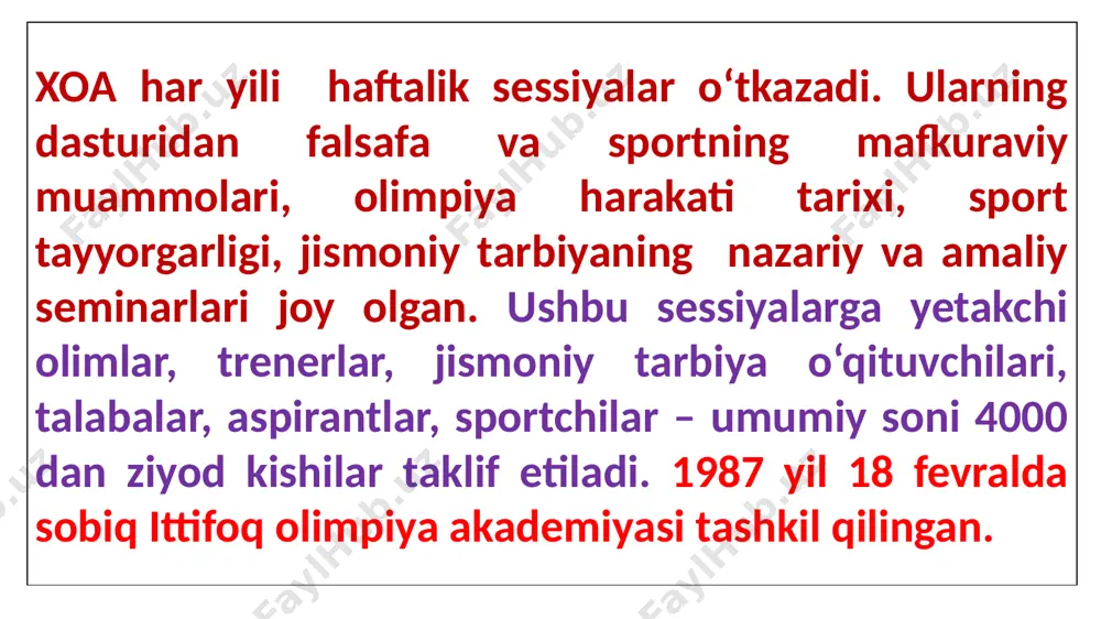 ular xalqaro olimpiya harakatini tashkil etadi. olimpizmning maqsadi – sportni, inson qadr-qimmatini saqlab qolish to‘g‘risida g‘amxo‘rlik qiladigan tinchlikparvar jamiyatni yaratishga ko‘maklashishi orqali, odamlarni uyg‘un rivojlantirishga xizmat qilishdan iborat. - olimpiya harakati xoq ning rahbarligi ostida amalga oshiriladigan, olimpizm qadr-qimmatlaridan ilhom oladigan barcha shaxslar va tashkilotlarning uyg‘un, tashkillashgan, universal va doimiy faoliyatidan iborat. ushbu faoliyat beshta qit’ani qamrab olgan. uning eng yuqori cho‘qqisi – butun jahon sportchilarini buyuk sport bayrami – olimpiya o‘yinlariga birlashtirish hisoblanadi. olimpiya harakatining ramzi – beshta o‘zaro qo‘shilgan halqalar hisoblanadi. olimpiya harakati – olimpiya xartiyasi rahbarligiga rozi bo‘lgan tashkilotlar, sportchilar va boshqa odamlarni qamrab olgan falsafa va harakatni o‘z ichiga olgan sportdagi noyob harakat hisoblanadi. a’zolikka qabul qilish uchun mezon bo‘lib, xoq hisoblanadi. “olimpiya harakatining maqsadi – yoshlarni olimpizm g‘oyalari va uning qadr-qimmatlari bilan mos ravishda sport vositasida tarbiyalash orqali tinch va ancha yaxshi dunyoni tuzishga ko‘maklashish hisoblanadi”. kuberten “tezroq, balandroq, kuchliroq” shiorini dominikan ruhoniysi genri didon …
