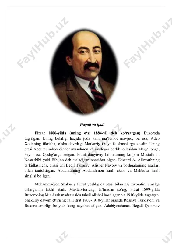 ng qorong‘u diniy markazlardan biri sifatida tasvirlaydi. u dindor musulmon bo‘lib, dastlab jadidlar islohoti harakatiga (usuli jadid “yangi usul”) qarshi bo‘lgan. fitratning o‘zi “yangi usul”da asosiy ta’limni olmagan. sadriddin ayniy fitratni o‘sha davrda buxoroning eng ziyoli va e’tiborga loyiq talabalari qatorida tanitadi, biroq u 1911-yilgacha buxorodan tashqarida deyarli noma’lum edi. abdurashidov fitratning buxorodagi birinchi jadidlar guruhi faoliyatida ishtirok etmaslik sababini amir abd al-ahadxonning qat’iy, liberalizmga qarshi rejimi bilan izohlaydi. abdurashidovning fikricha, fitrat taxminan 1909-yilda islohatchi g‘oyalarga qiziqish uyg‘otgan, va bu mehmet akif ersoyning “sirot-i mustaqim” jurnalining ta’sirida sodir bo‘lgan. bu jurnal va boshqa gazeta-jurnallar o‘sha davrda buxoro talabalariga tarqalgan edi. mahmudxo‘ja behbudiyning ham fitratga ustoz bo‘lganligi aytiladi. fitrat ta’limini tugatgach, qisqa muddat madrasada dars bergan. fitrat zamonaviy o‘zbek adabiyotiga katta hissa qo‘shib, fors, turkiy va kech chig‘atoy tillarida she’riyat va nasr yo‘nalishlarida ijod qildi. siyosatchi va ko‘plab ilmiy sohalarda olim sifatida faoliyat yuritishdan tashqari, fitrat shoirlik va dramaturg sifatida ham …