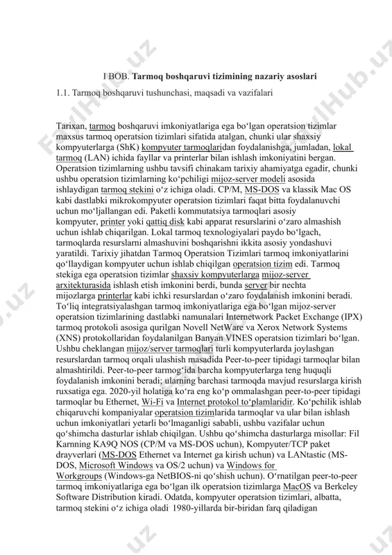 ichki resurslardan oʻzaro foydalanish imkonini beradi. toʻliq integratsiyalashgan tarmoq imkoniyatlariga ega boʻlgan mijoz-server operatsion tizimlarining dastlabki namunalari internetwork packet exchange (ipx) tarmoq protokoli asosiga qurilgan novell netware va xerox network systems (xns) protokollaridan foydalanilgan banyan vines operatsion tizimlari boʻlgan. ushbu cheklangan mijoz/server tarmoqlari turli kompyuterlarda joylashgan resurslardan tarmoq orqali ulashish masadida peer-to-peer tipidagi tarmoqlar bilan almashtirildi. peer-to-peer tarmogʻida barcha kompyuterlarga teng huquqli foydalanish imkonini beradi; ularning barchasi tarmoqda mavjud resurslarga kirish ruxsatiga ega. 2020-yil holatiga koʻra eng koʻp ommalashgan peer-to-peer tipidagi tarmoqlar bu ethernet, wi-fi va internet protokol toʻplamlaridir. koʻpchilik ishlab chiqaruvchi kompaniyalar operatsion tizimlarida tarmoqlar va ular bilan ishlash uchun imkoniyatlari yetarli boʻlmaganligi sababli, ushbu vazifalar uchun qoʻshimcha dasturlar ishlab chiqilgan. ushbu qoʻshimcha dasturlarga misollar: fil karnning ka9q nos (cp/m va ms-dos uchun), kompyuter/tcp paket drayverlari (ms-dos ethernet va internet ga kirish uchun) va lantastic (ms-dos, microsoft windows va os/2 uchun) va windows for workgroups (windows-ga netbios-ni qoʻshish uchun). …