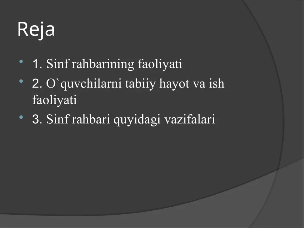 a to`la ochiladi. o`quvchilarni tibbiy ish va kundalik hatti harakat jarayonida o`rganish o`quvchiga haqiqiy baho berishga yordam beradi. sinf rahbari quyidagi vazifalarni bajaradi: 1. o`ziga yuklatilgan sinfdagi tarbiyaviy ishlarni amalga oshiradi. bu vazifani bajarayotgan u yolg`iz emas shu sinfda dars berayotgan turli fan o`qituvchilar bilan yaqin xamkorlikda va ularga suyangan holda o`quvchilarda milliy dunyoqarash asoslarini shakllantiradi, axloqiy tarbiyasini rivojlantiradi. o`quvchilarni darsdan tashqari tadbirlarni tashkil etadi va sinf jamoasini mustahkamlaydi. 2. o`quvchilarning bilimga bo`lgan qiziqishi va qobilyatini o`stirish har bir o`quvchining indivudial psixik xususiyatlarini hisobga olgan holda kasbga yo`naltirish va hayotiy maqsadlarini shakllantirish sinf rahbarining alohida vazifasidir. ayni paytda har bir o`quvchining sog`ligini mustahkamlashga ham e`tibor beradi. 3. sinf rahbarining diqqat markazida o`kuvchilarning darsda yuqori o`zlashtirishini ta`minlash masalasi turadi. buning uchun u har bir o`quvchining kundalik o`zlashtirishida voqif bo`lib turadi. orqada qolayotganlarga o`z vaqtida, kechiktirmay yordam uyushtiradi. 4. sinfdagi o`quvchilarnint o`z o`zini boshqarish ishlarini yo`naltiradi, ular ishtirokida sinf jamoasining ijtimoiy foydali …