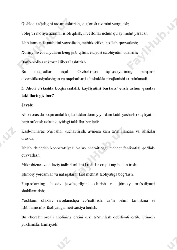 kam taʼminlangan va ishsizlar orasida; ishlab chiqarish kooperatsiyasi va uy sharoitidagi mehnat faoliyatini qoʻllab-quvvatlash; mikrobiznes va oilaviy tadbirkorlikni kreditlar orqali ragʻbatlantirish; ijtimoiy yordamlar va nafaqalarni faol mehnat faoliyatiga bogʻlash; fuqarolarning shaxsiy javobgarligini oshirish va ijtimoiy maʼsuliyatni shakllantirish; yoshlarni shaxsiy rivojlanishga yoʻnaltirish, yaʼni bilim, koʻnikma va ishbilarmonlik faoliyatiga motivatsiya berish. bu choralar orqali aholining oʻzini oʻzi taʼminlash qobiliyati ortib, ijtimoiy yuklamalar kamayadi. 4. yakka tadbirkorlarning ishchilarni yollash tartibini tushuntiring. javob: yakka tadbirkor (yat) qonunga muvofiq tarzda ishchilarni yollashi mumkin. bunda quyidagi talablarga amal qilinadi: 1. mehnat shartnomasi yozma ravishda tuzilishi shart; 2. ishchilar mehnat kodeksiga muvofiq mehnat huquqlari bilan taʼminlanadi; 3. yakka tadbirkor: ish haqi hisoblab toʻlashi, soliq va ijtimoiy toʻlovlarni amalga oshirishi, ishchiga mehnat daftari ochishi lozim; 4. shartnoma mhxat yoki yaidxp elektron tizimi orqali rasmiylashtirilishi mumkin; 5. mehnat muxofazasi va xavfsizlik boʻyicha talablarga amal qilishi shart. shu yoʻl bilan ishchi ham, ish beruvchi ham qonun asosida himoya qilinadi. 5. …