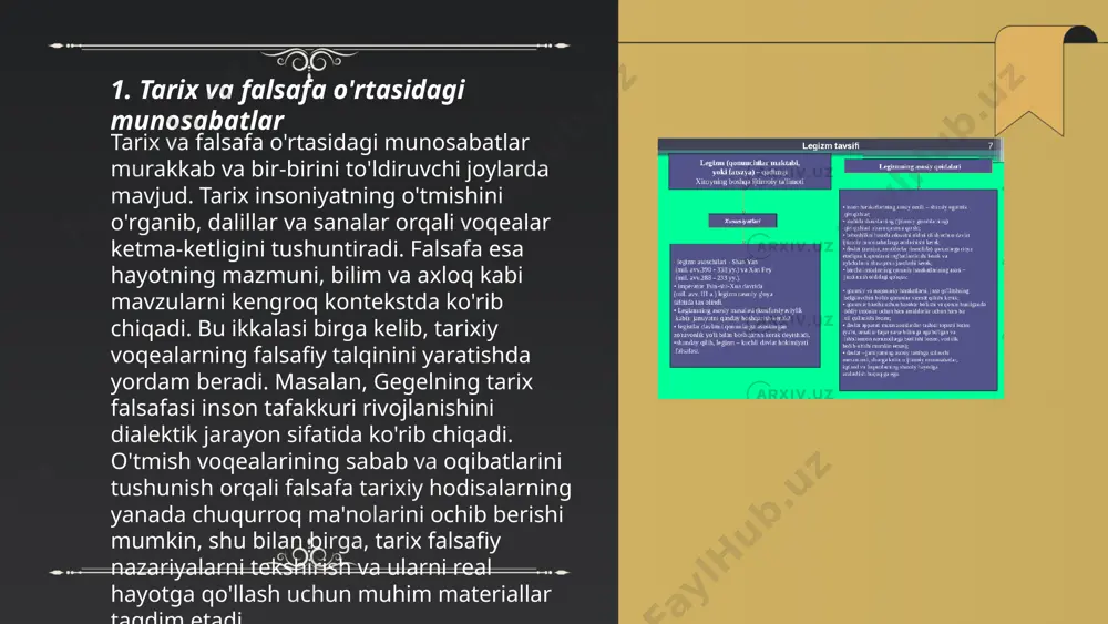 rilgan bo'lsa, uyg'onish davrida ilm-fan va inson tafakkurining mustaqilligi ustuvorlik kasb etdi. zamonaviy davrda tarixiy tafakkur fan, texnologiyalar va ijtimoiy omillar orqali rivojlanmoqda. tarixiy tafakkur rivojlanishini chuqurroq tushunish uchun 18-asrdagi ma'rifatparvarlik harakatlari va 20-asrdagi jahon urushlari kabi voqealarni o'rganish muhimdir. bugungi kunda, tarixiy tafakkur ijtimoiy va siyosiy muammolarni yechishda muhim ahamiyatga ega. tarix falsafasi mahmarajabov najmiddin e'tiboringiz uchun raxmat! image1.png image2.png image3.png image4.png image5.png image6.png /docprops/thumbnail.jpeg