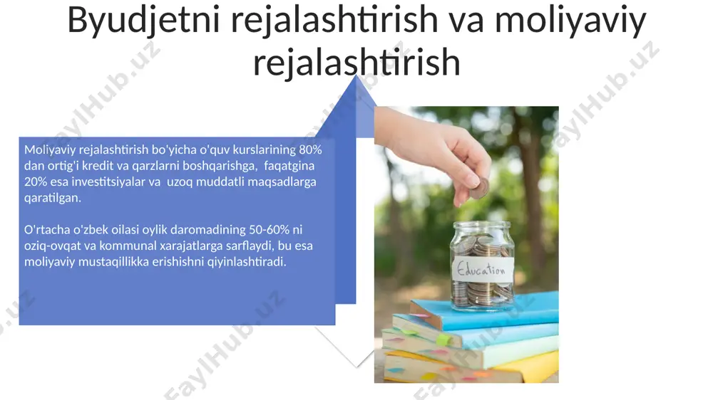 onch hosil qilish zarurligini ko‘rsatadi. bank xizmatlaridan foydalanish va moliyaviy savodxonlik bank kartalaridan foydalanish soni yiliga o'rtacha 15% ga o'smoqda, biroq elektron to'lovlarni amalga oshirish bo'yicha moliyaviy savodxonlik darajasi hali yetarlicha yuqori emas. o'zbekistonda aholi bank xizmatlaridan foydalanish darajasi 2022 yilda 65% atrofida bo'lib, bu ko'rsatkich moliyaviy savodxonlik darajasining o'sishi bilan bevosita bog'liq. o'zbekistonda moliyaviy savodxonlikning hozirgi holati bank xizmatlaridan foydalanish darajasi 2022 yilda 65% ga yetgan bo'lsa-da, moliyaviy investitsiyalar va sug'urta mahsulotlaridan xabardorlik darajasi hali ham past, atigi 15% atrofida. mikroqarzlar bozorining tez sur'atlar bilan o'sishi (yiliga 20% dan ortiq) va aholi o'rtasida moliyaviy firibgarlik holatlari ko'payishi moliyaviy savodxonlikka bo'lgan ehtiyojni yanada oshirmoqda. moliyaviy savodxonlikka ta'sir etuvchi omillar yoshlar orasida moliyaviy firibgarliklarning koʻpayishi (25% gacha) ularning moliyaviy xavfsizlikka oid bilimlarining yetarli emasligini va zararli moliyaviy odatlarning shakllanishini koʻrsatadi. qishloq joylarda yashovchi aholining 60% dan ortigʻi bank xizmatlaridan kam foydalanadi, bu esa ularning moliyaviy savodxonligiga salbiy ta’sir koʻrsatadi va kreditlarga …