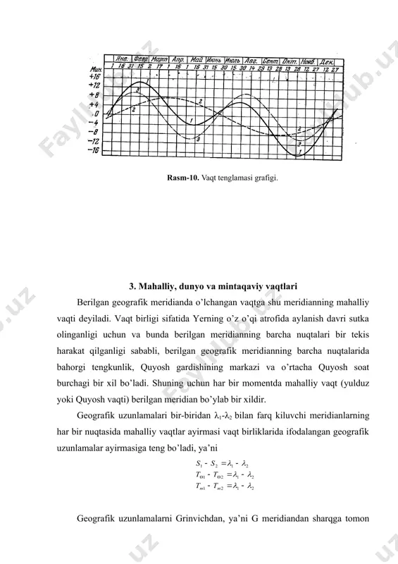 sharining barcha nuqtalarining geografik uzunlamalarini bilish talab etiladi. uzunlama esa hamma joyda o’lchangan bo’lavermaydi. grinvichdan ancha uzoqda olingan meridianning mahalliy vaqti bilan dunyo vaqti orasida katta farq borligi yer yuzining hamma joyida dunyo vaqtini qo’llash imkonini bermaydi. 1884 yildagi halqaro kelishuvga muvofiq mintaqa vaqti tushunchasi kiritilgan bo’lib, yer yuzida shu vaqtdan foydalaniladi. bu sistemada yer shari 24 ta mintaqaga ajratilgan bo’lib, grinvich observatoriyasining meridianidan taxminan 7°,5 g’arb va sharqdan utuvchi, shimoliy va janubiy qutblarni tutashtruvchi chiziqlar orasidagi zona nolinchi, mintaqa hisoblanadi. grinvichdan 15°dan oralatib 23 ta asosiy meridianlar o’tkazilgan. ular atrofida xam taxminan 7°,5 g’arb va sharqdan o’tib qutblarni tutashtruvchi chiziqlar o’tkazilgan. shunday qilib 24 ta mintaqa xosil qilingan soat mintaqalari 0 dan 23 gacha bo’lgan nomerlar bilan belgilanadi. har bir mintaqa ichidagi barcha nuqtalarda soatlar bir xil vaqtni ko’rsatadi. har bir mintaqaning nomeri shu mintaqadagi mintaqa vaqtining (tn) grinvichdagi mintaqa vaqtidan ( to ) farqini kursatadi, ya’ni tn-t0=n yer …
