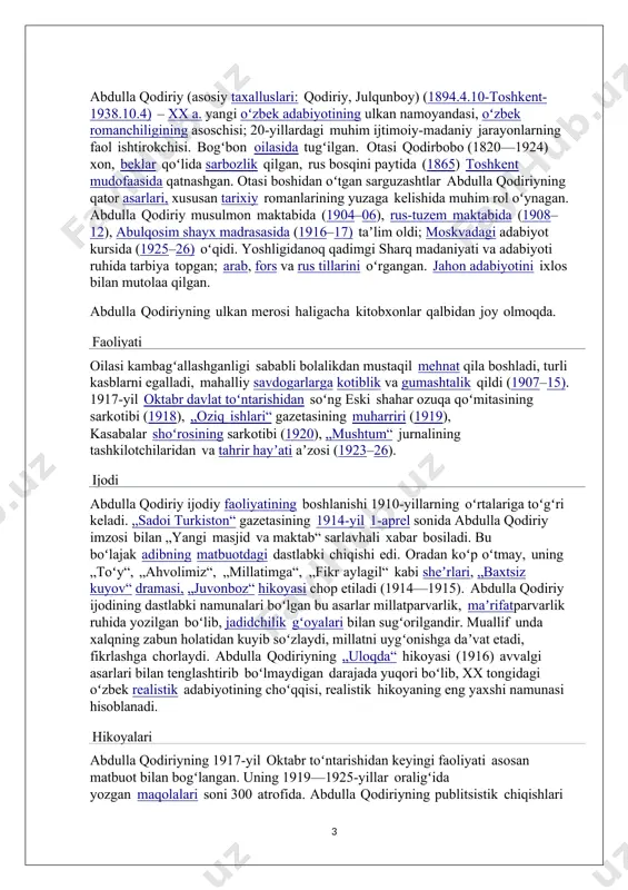ari bilan koʻrsatishga jazm etadi. „oʻtkan kunlar“ romani abdulla qodiriy shoʻro hokimiyatining dastlabki yillarida qizgʻin jurnalistik faoliyati bilan barobar oʻzbek adabiyotidagi birinchi roman – „oʻtkan kunlar“ni yaratdi (1919—1920). romandan boblar 1922-yil „inqilob“ jurnalida eʼlon etildi. 1924—1926-yillari har bir boʻlimi alohida-alohida kitob holida bosildi. „oʻtkan kunlar“ yaratilgan davr oʻzbek xalqi uchun millatning erki, ozodligi, mustaqilligi, jahondagi oʻrni masalasi hayot-mamot ahamiyatiga molik edi. abdulla qodiriy mintaqamiz taraqqiyparvar ziyolilari safida turib ona yurtning, millatning taqdiri ustida astoydil qaygʻurdi, oʻzicha najot yoʻlini izladi. avvaliga u bolsheviklarning yolgʻon vaʼdalariga ishondi, ammo adib bu vaʼdalar qogʻozda qolib ketayotganini, yovuz mustamlaka siyosati mohiyat-eʼtibori bilan oʻzgarmay qolayotganini, munofiqona tus olayotganini, el orasida buzgʻunchilik, fitna, sinfiy- mafkuraviy adovat avj oldirilib, birodarkushlik urushi boshlanib ketganligini, shoʻrlik xalq bu qonli siyosatning qurboni boʻlayotganini oʻz koʻzi bilan koʻrdi. ayniqsa, qoʻqon muxtoriyatining tor-mor etilishi koʻpgina hur fikrli ziyolilar qatori abdulla qodiriyning qalbini larzaga soldi. adib „oʻtkan kunlar“ romani orqali xalqning milliy ongini uygʻotmoqchi …