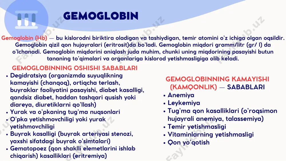 ng rivoj lanishi uchun juda ko’p sabablar bor va ular doimo ham qon hosi l qi l ish t izimi bi lan bog’l iq emas. normada leykotsitlarning umumiy soni leykotsitlar — qon oqimi bilan aylanib yuradigan tanamizning tirik hujayralari. bu hujayralar immunitetni nazorat qiladi. infektsiya, toksik yoki boshqa begona moddalar tanaga zarar yetkazsa, bu hujayralar zarar yetkazuvchi omillar bilan kurashadi va ularni yo’q qilishga harakat qiladi. leykotsitlar shakllanishi qizil suyak iligida va limfa tugunlarida kechadi. leykotsitlar bir nechta turlarga bo’linadi: neytrofillar, bazofillar, eozinofillar, monotsitlar, limfotsitlar. leykotsitlarning turfa turlari tashqi ko’rinishida bir-biridan farq qiladi va immun javob berish funktsiyalarini amalga oshiriladi. leykotsitlar sonining fiziologik o’sishi ovqatdan so’ng faol jismoniy faoliyatdan keyin homiladorlikning ikkinchi yarmida emlashdan keyin hayz paytida oq qon hujayralari (leykositlarning) ortishi sabablari yiringli yallig’lanish jarayonlari (abtsess, flegmona, bronxit, sinusit, gaymorit, appenditsit va boshqalar) yumshoq to’qimalarga shikast etkazadigan kuyish va shikastlanishlar operatsiyadan keyin revmatizmning kuchayishi paytida onkologik jarayonlarda leykemiya kasalligida …