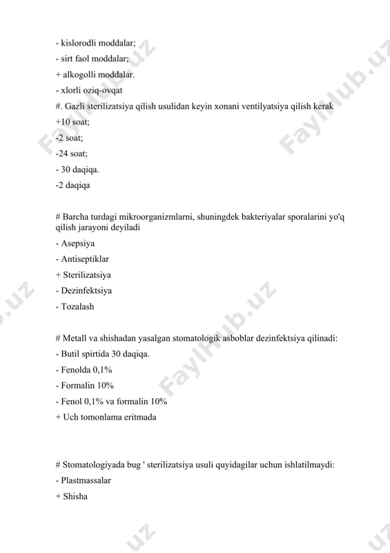 ya - tozalash # tish asboblarini dezinfeksiya qilish uchun siz eritmalardan foydalanishingiz mumkin: - vodorod periks 3% - kaltsiy gipoxloridi 4,5% +xloramin 3% - vodorod periks % - xloramin 10% # tibbiy asboblarni sterilizatsiya qilishdan oldin tozalashning maqsadi: - faqat patogen mikroblarni yo'q qilish + turli xil ifloslantiruvchi moddalar va dori qoldiqlarini olib tashlash - infektsiya manbasini zararsizlantirish - infektsiya manbasini olib tashlang - barcha javoblar to'g'ri # sterilizatsiya oldidan asboblarni tozalashdan oldin: - pasterilizatsiya - sterilizatsiya + dezinfektsiya - antiseptiklar - mexanik tozalash # tibbiy buyumlarni sterilizatsiyadan oldin tozalash paytida: +turli xil ifloslantiruvchi moddalarni olib tashlang - infektsiya manbasini zararsizlantirish - mikroorganizmlarning vegetativ shakllarini yo'q qilish - faqat patogen mikroblarni yo'q qilish - barcha javoblar to'g'ri # cso-ga kiradigan vositalar quyidagilar bo'lishi kerak: - ishlatilgandan keyin suv ostida yuvilgan - steril + dezinfektsiya qilingan - yuvilmagan - faqat patogen mikroblarni yo'q qilish # yuvish vositalari: - dezinfektsiyalash vositalari +yuvish …