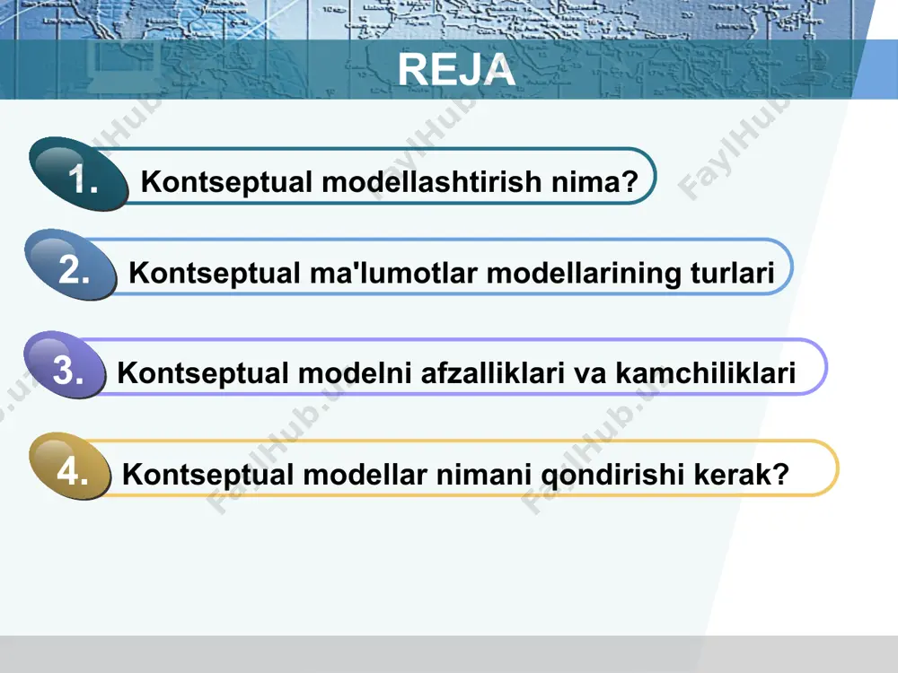 va sanasi bort nomeri samalyot shahar nima? qachon, nima haqida? keladi yetib keladi orm (falkenberg) / niam (naysen) "ob'ekt-rol" modeli faktlarga asoslangan model. faktlar munosabatlar sifatida ko'rib chiqiladi kamchiliklari: faktlarning faktlar munosabati ob'ekt turlarining munosabatini bildirmaydi semantik jihatdan to'liq bo'lmagan model afzalliklari: tabiiy tilga yaqin texnik bo'lmaganlar uchun tushunarli keng grafik yozuv semantik barqarorlik 8 kengaytirilgan relyatsion modeli rm/t (codd) relyatsion modelda ma'lumotlar va ular orasidagi munosabatlar ikki o'lchovli jadvallarni aloqalari ko'rinishida ifodalanadi. rm/t mbbtlar: oracle, ingres, informix, sybase, dbase, foxbase, paradox, clarion, microsoft sql server, microsoft access, mysql daplex (shipman) funktsional modeli. shipman modeli kabi funktsional modellarda asosiy konstruktsiya ob'ektlar va funktsiyalarlardan tashkil topadi. bunday modellarda funksiyalar ob'ekt turlarini va ob'ekt xususiyatlari deb ataladigan narsalarni tavsiflash uchun ishlatiladi. funktsional modellar ma'lumotlar tuzilmalari va ma'lumotlarni boshqarish bo'yicha operatsiyalarni tavsiflashning qulay usulidir, ammo ular nazariy ko'rsatkichlar bo'yicha eng muvaffaqiyatli bo'lishiga qaramay, vaqt sinovidan o'ta olmadi. funktsional modeli. afzalliklari: ob'ektlarga alohida va …