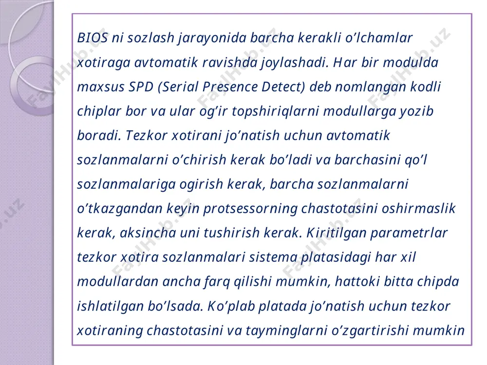 ir me’yorda ishlaydi. ular quyidagicha bo’lishi mumkin: enabled – mofulli takt impulsi yoniqligini bildiradi, sistema blokidagi elektromagnit to’sqiliklarini bir muncha kamaytirib beradi; 0.25 %, 0.5 % – protsessordagi modulni ushlab turadi (bios ning ba’zi bir versiyalarida beriladi); intel core 2 protsessorini kiritish. intel core 2 protsessori intel firmasidagi boshqa barcha protsessorlardan ancha omadli, talomillashgan bo’lib, chidamliligi bilan, qizib ketmasligi bilan ancha farq qiladi. 2006-yildan boshlab intel firmasi protsessorlarni turlicha nomlardagi yangi turlarini ishlab chiqdi. masalan, core 2 duo, core 2 quad, pentium dual core va hattoki celeron nomli mikro protsessorlarni ishlab chiqdi. core 2 mikro protsessorini ishlatish uchun fsb chastotasini oshirish lozim bo’ladi, uning shtatli ahamiyati quyidagicha: 200, 266, 333 или 400 мhz. fsb chastotasining aniq ahamiyatini sizning protsessoringizdan bilib olishingiz mumkin, ammo shuni unutmangki, fsb chastotasi ma’lumotlarni jo’natishda to’rt karra ish bajaradi. core2 duo protsessori uchun е6550 2,33 ghz (1333 мhz fsb) fsb chastotasining haqiqiy ko’rinishi 1333 : 4 …