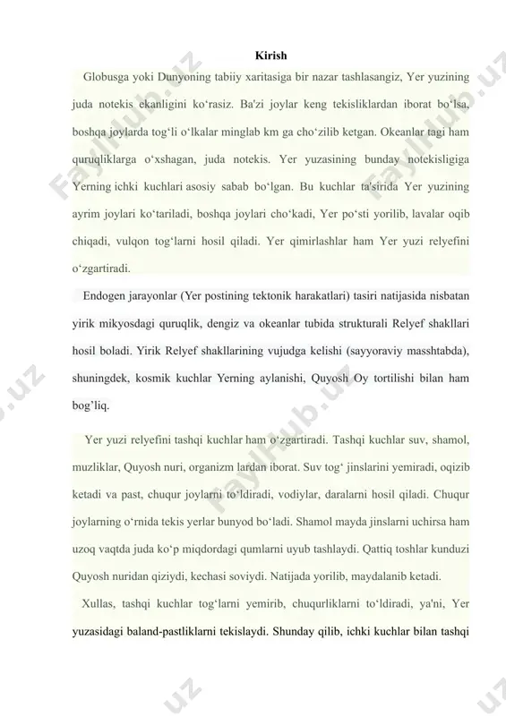 kengroq tanishish kurs ishini obyekti—kurs ishi mavzusini yoritishda yordam beradigan relyef shakllarining xaritadagi ko’rinishini, relyef turlarining yerning qaysi qismlarida uchratishimizni o’rganish jarayoni. kurs ishi predmeti— relyef shakllarini o’lchash jarayonlarida ishladigan asbob uskunalar.o’quvchilarga relyef va uning shakllarini tanishtirish jarayonida qo’l keladigam axborot texnologiya vositalari,kitob,qo’lyozma manbalar va hokazolar kiradi. yana har xil o’rganish ishlari jarayonida qo’l keladigan jihozlarni,buyumlarni ham misol qilib olsak boladi 1.yer yuzasi relyefining asosiy shakllari. yer qobig‘ida bo‘lib turadigan doimiy harakatlar natijasida baland-pastlik va notekisliklar vaqt davomida o‘zining eski shakllarini o‘zgartirib, yangi shakllarga aylanib turadi. bunday o‘zgarishlar erning endogen va ekzogen kuchlar ta’siri natijasidir. rel’eflar shakli va har xil elimentlari bilan bir-biridan farq qiladi. rel’ef shakli deb – tabiiy tana va bo‘shliqlarga aytilib, ularning eng soddalarini geometrik shakllarga o‘xshatish mumkin (konus, piramida, prizma va boshqalar). bir necha sodda shakllar erning murakkab juda katta shakllarini hosil qiladi, masalan: quruqlik, dengiz, chuqurliklari, tog‘ tizmalari va boshqalar. rel’ef shaklining elementlariga quyidagilar kiradi: …