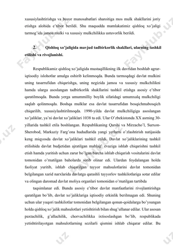 bod, markaziy farg’ona hududlarida yangi yerlarni o’zlashtirish natijasida keng miqyosda davlat xo’jaliklari tashkil etildi. davlat xo’jaliklarining tashkil etilishida davlat budjetidan ajratilgan mablag’ evaziga ishlab chiqarishni tashkil etish hamda yuritish uchun zarur bo’lgan barcha ishlab chiqarish vositalarini davlat tomonidan o’rnatilgan baholarda sotib olinar edi. ulardan foydalangan holda faoliyat yuritib, ishlab chiqarilgan tayyor mahsulotlarini davlat tomonidan belgilangan xarid narxlarida davlatga qarashli tayyorlov tashkilotlariga sotar edilar va olingan daromad davlat moliya organlari tomonidan o’rnatilgan tartibda taqsimlanar edi. bunda asosiy e’tibor davlat manfaatlarini rivojlantirishga qaratilgan bo’lib, davlat xo’jaliklariga iqtisodiy erkinlik berilmagan edi. shuning uchun ular yuqori tashkilotlar tomonidan belgilangan qonun-qoidalarga bo’ysungan holda qishloq xo’jalik mahsulotlari yetishtirish bilan shug’ullanar edilar. ular asosan paxtachilik, g’allachilik, chorvachilikka ixtisoslashgan bo’lib, respublikada yetishtirilayotgan mahsulotlarning sezilarli qismini ishlab chiqarar edilar. bu xo’jaliklarning respublikada yetishtirilgan yalpi qishloq xo’jalik mahsulotidagi ulushi 1990-yilda 37,5 foizni tashkil etgan. lekin ular iqtisodiy negizi, faoliyat yuritish mazmuni bo’yicha erkin bozor munosabatlari talablariga javob bermas edi. shuning …