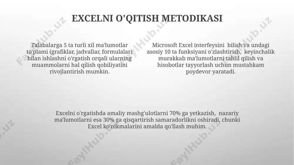 mumkin. bu vaqtni tejaydi. excel’ning “if” funksiyasi yordamida talabalar bilimini baholashda, masalan, 70 balldan yuqori natija olganlarni “a’lo”, 50-69 ballni “yaxshi” deb tasniflash mumkin. bu avtomatlashtirilgan baholashni ta’minlaydi. grafiklarni yaratish orqali, masalan, 10 ta fan bo'yicha o'rtacha ballarni ustun diagrammasi ko'rinishida ko'rsatish, o'quv yutuqlarini vizual ravishda tahlil qilish imkonini beradi. e'tiboringiz uchun rahmat @taqdimot_robot image1.png image2.png image3.png