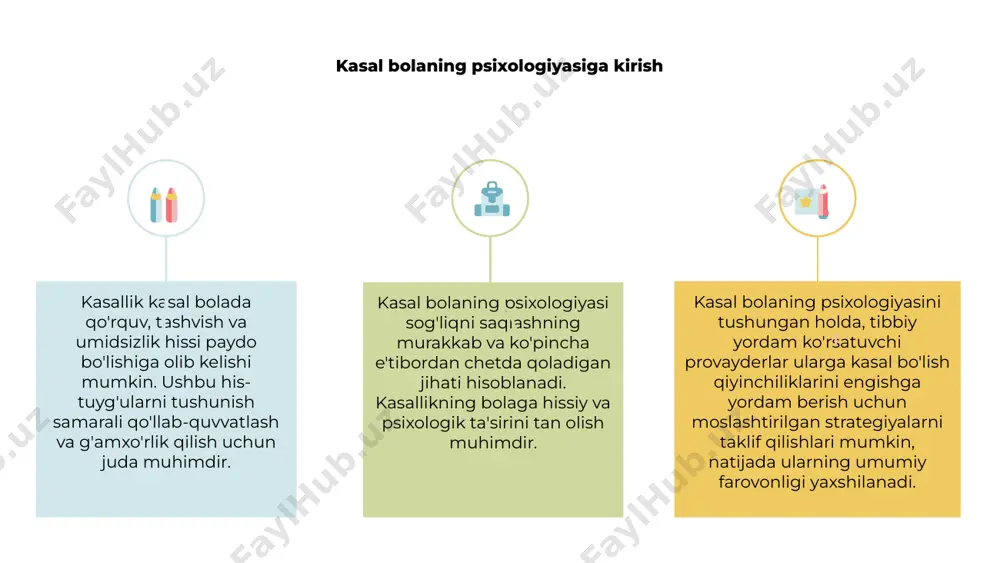 hayot sifatini yaxshilashda yordam bera olamiz. ularning jismoniy salomatligi kabi ruhiy farovonligini ham birinchi o'ringa qo'yish muhimdir. kasal bolalarda chidamlilik va ijobiy ruhiy farovonlikni oshirish 1 2 3 bemor bolaning psixologiyasi alohida e'tibor talab qiladigan murakkab masala. kasal bolalarga o'z kasalliklarini engishga yordam berish uchun ularning chidamliligi va ijobiy ruhiy farovonligini targ'ib qilish muhimdir. bemor bolalarda ko'pincha tashvish, qo'rquv va yolg'izlik hissi paydo bo'ladi. ularni engish mexanizmlari va ijobiy ruhiy salomatlikni rivojlantirishga yordam berish uchun zarur yordam va resurslar bilan ta'minlash juda muhimdir. kasal bolalarda chidamlilik va ijobiy ruhiy farovonlikni rag'batlantirish orqali biz ularga kasalliklarni kuch va ishonch bilan boshqarishga yordam bera olamiz, natijada ularning umumiy farovonligi va hayot sifati yaxshilanadi. kasal bolalarning opa-singillarini qo'llab-quvvatlash: psixologik mulohazalar 1 2 3 2 agar bola kasal bo'lsa, u birodarlarining psixologik holatiga katta ta'sir ko'rsatishi mumkin. bu birodarlar o'zlarining oilaviy dinamikasidagi o'zgarishlarni boshqarayotganda stress, tashvish va chalkashlik hissini boshdan kechirishlari mumkin. 1 bemor …