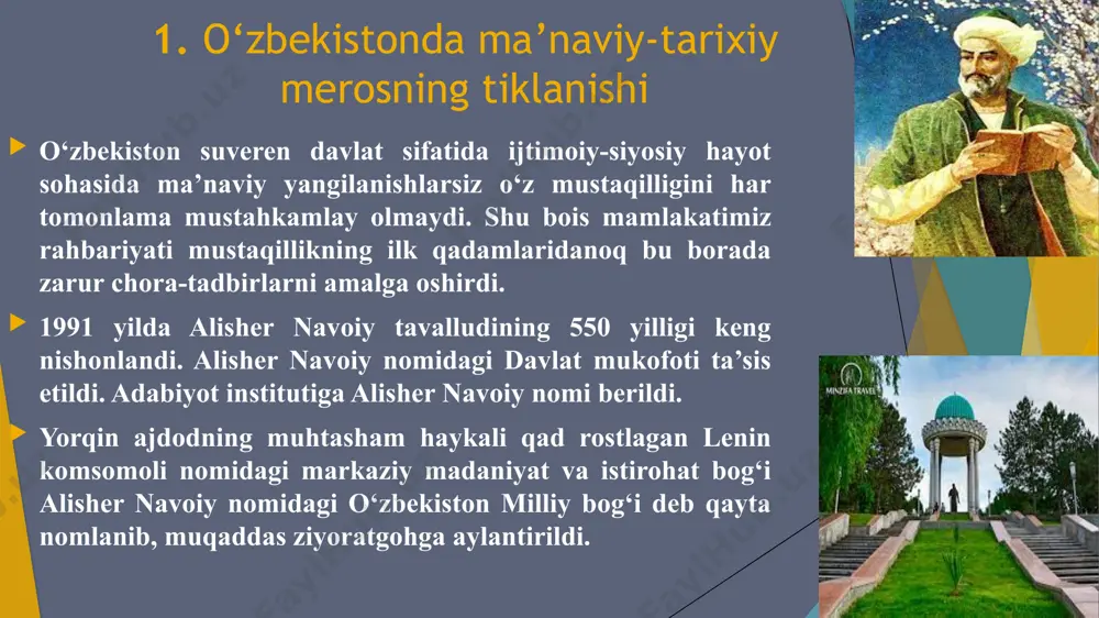 iston respublikasi prezidentining 2017-yil 27-martdagi “atoqli davlat arbobi va yozuvchi sharof rashidov tavalludining 100 yilligini nishonlash to‘g‘risida”gi qarori asosida 2017-yil 6-noyabr kuni jizzax shahrida uning tavallud kuni munosabati bilan tantanali tadbirlar bo‘lib o‘tdi. unda o‘zbekiston respublikasi prezidenti sh.m. mirziyoyev ishtirok etdi. 2.mustaqillik yillarida xalqning azaliy qadriyatlarini tiklash xalqning turmush tarzi, ma’naviyati uning qadimiy udumlari, bayramlari, urf-odatlari bilan shakllangan. mustaqillik yillarida xalqning azaliy qadriyatlarini tiklash haqida gap ketganda, bu borada amalga oshirilayotgan ishlarni alohida ta’kidlash lozim. milliy-ma’naviy qadriyatlarni tiklash, ularni yangilashning ahamiyati masalasi kun tartibiga qo‘yildi. xalqimizga o‘zining sevimli bayrami “navro‘z”ning qaytishi mamlakat tarixida chinakam buyuk voqea bo‘ldi. 1991-yildan boshlab prezident farmoni bilan navro‘z 21-mart kuni davlat bayrami sifatida nishonlana boshladi.qadimiy va suyukli milliy bayramning qayta tiklanishi butun respublika aholisi tomonidan quvonch va ishtiyoq bilan kutib olindi. xalqning tilaklarini tinglagan prezidentimiz 1990-yil 2-iyunda “musulmonlarning saudiya arabistoniga haj qilishlari to‘g‘risida”gi farmonni ham imzoladi. mamlakatimizda islom dini omilidan oqilona foydalanish, uning boy ma’naviy-madaniy …
