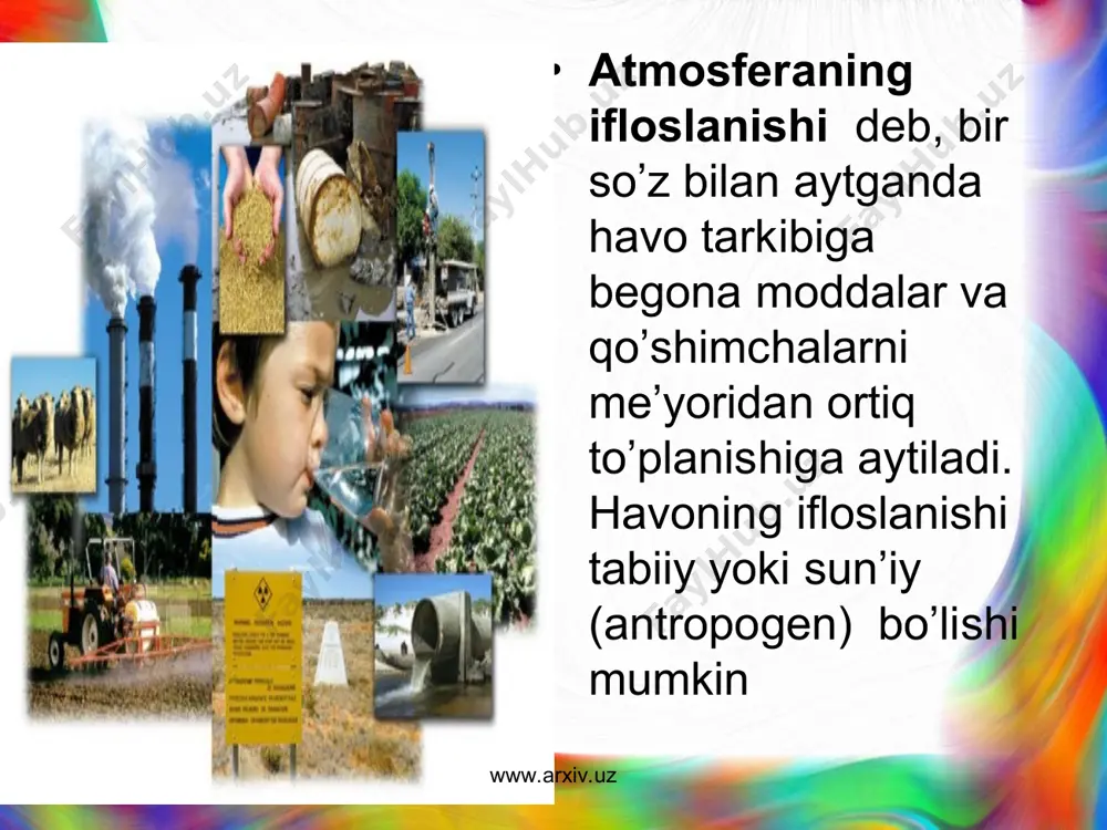 larini tashlamoqda. korbyuratorli dvigatellar bilan ishlovchi avtomobillarning sundirgichlaridan chiqadigan asosiy zaharli gazlar uglerod va azot oksidlari, uglevodorodlar hisoblansa, dizel yonilg’isiga ishlovchi dvigatellarda azot va oltingugurt oksidla­ri hamda qurumdir. www.arxiv.uz www.arxiv.uz www.arxiv.uz www.arxiv.uz shuni ham ta’kidlash joizki, avtomabillardan chiqadigan qo’rg’oshin zarrachalarining 40 foiz diametri 5 mkm dan kichik bo’lgan zarrachalardir. ular uzoq, muddat davomida muallaq, holatda turish va havo orqali hayvonlar va insonlar organizmiga kirish xususiyatiga ega. ma’lumotlar shuni ko’rsatadiki, aqsh va yaponiyada atmosferani ifloslantiruvchi manbalar ichida avtotransport vositalari oldingi o’rinda turadi. xorijiy mamlakatlar atmosferasini ifloslantiruvchi gazlar ichida is gazi, uglevodorodlar va azot oksidlari barcha tajovuzkor gazlarning 60-70% ini tashkil qilsa, respublikamizda bu ko’rsatkich 35 foizni, ayrim shaharlarda (andijon, buxoro, samarqand, toshkent) esa 80 foizni tashkil qiladi. www.arxiv.uz www.arxiv.uz www.arxiv.uz www.arxiv.uz mustaqil davlatlar hamdo’stligi hududlarida avtotransport vositalari tomonidan 1988 yilning uzida 35,8 million tonna zararli tashlamalar havoga chiqarib tashlangan. moskva, sankt-peterburg, tosh­kent, erevan va boshqa shaharlar havosida is gazi ruxsat etilgan …