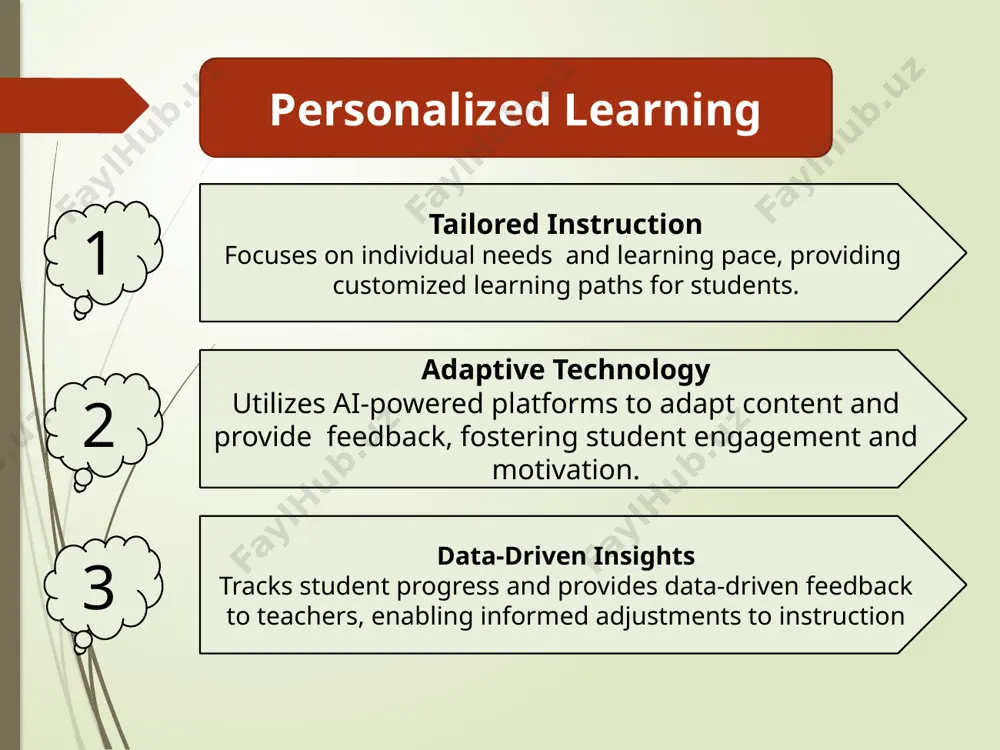 velopment provides opportunities for students to develop critical thinking, problem-solving, and decision-making skills through gameplay. blended learning online learning integrates online learning platforms and digital resources into the classroom. traditional instruction combines online learning with face-to-face instruction, providing a flexible and personalized approach. adaptive learning utilizes ai-powered adaptive learning platforms to personalize the learning experience for each student collaborative learning peer learning group projects active participation students learn from each other, fostering communication and teamwork skills. engages students in collaborative tasks, promoting shared responsibility and problemsolving. encourages active participation and discussion, promoting critical thinking and knowledge sharing. experiential learning hands-on activities provides students with opportunities to apply their knowledge and skills in real-world settings. practical applications helps students make connections between theory and practice, deepening their understanding of concepts. technology integration 1.digital tools 2.interactive platforms 3.personalized learning global and intercultural learning with the rise of online platforms, students now have …