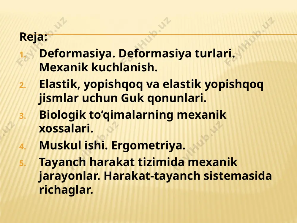 i, u jism uzunligini 2 marta uzaytiradi, ya’ni ε=1 bo’ladi. © vig pr. ii. yopishqoq jismlar uchun guk qonuni: yopishqoq jismlarda nisbiy deformasiya nafaqat mexanik kuchlanishga, balki kuchning ta’sir etish vaqtiga ham bog’liq bo’ladi. η – yopishqoqlik koeffisenti t – kuchning ta’sir vaqti © vig pr. iii. elastik yopishqoq jismlar uchun guk qonuni: ko’pchilik elastik jismlar ham yopishqoq, ham elastik xususiyatlarga ega bo’ladi, bunda guk qonuni quyidagicha ifodalanadi: e = 2,72 – natural logarifmning asosi τ – deformasiyaning kechikish vaqti © vig pr. biologik to’qimalarning biologik xossalari. tirik to’qimalarning muxim mexanik xossalaridan biri – mustahkamligidir. mustahkamlik – bu buzilishga qarshilik ko’rsatish xossasi. u minimal buzish kuchlanishiga teskari proporsional bo’lgan, kattalik hisoblanadi. eng katta mustahkamlikka suyak to’qimasi ega. δsuyak=109 n/m2 odam suyagining mustahkamligi cu va al dan katta, lekin po’latnikidan kichik. travmotologiya va ortopediyada shuni nazarda tutish kerakki, suyakning siqilishga chidamliligi cho’zilishga nisbatan 1,8 marta katta. © vig pr. biologik to’qimalarning …