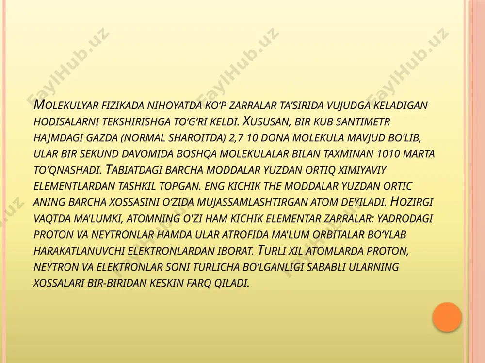 raqam alohida zarrachaning emas, balki butun ansamblning o'rtacha xususiyatlarini (o'rtacha tezligi, energiyasini) kiritish orqali zarralar. termodinamika, molekulyar kinetik nazariyadan farqli o'laroq, jismlarning makroskopik xususiyatlarini qiziqtirmasdan, ularning makroskopik xususiyatlarini o'rganadi. termodinamika - termodinamik muvozanat holatidagi makroskopik tizimlarning umumiy xususiyatlarini va ushbu holatlar orasidagi o'tish jarayonlarini o'rganadigan fizikaning bo'limi. termodinamika eksperimental faktlarning katta to'plamini umumlashtirish asosida o'rnatilgan termodinamikaning printsiplari deb nomlangan 3 ta asosiy qonunlarga asoslanadi. molekulyar kinetik nazariya va termodinamika bir-birini to'ldiradi, yaxlit birlikni tashkil qiladi, ammo har xil tadqiqot usullari bilan farq qiladi. termodinamik tizim bu o'zaro va boshqa jismlar bilan o'zaro ta'sir qiladigan va energiya almashadigan makroskopik jismlarning to'plamidir. tizimning holati termodinamik parametrlar - termodinamik tizimning xususiyatlarini tavsiflovchi fizik kattaliklar to'plami bilan o'rnatiladi, odatda harorat, bosim va o'ziga xos hajmni holat parametrlari sifatida tanlaydi. eng sodda element bu vodorod atomidir. vodorod atomining yadrosi bitta elektrondan iborat. hamma ximiyaviy elementlardagi musbat zaryadli protonlar soni, manfiy zaryadlar elektronlar soniga teng boʻlib, …