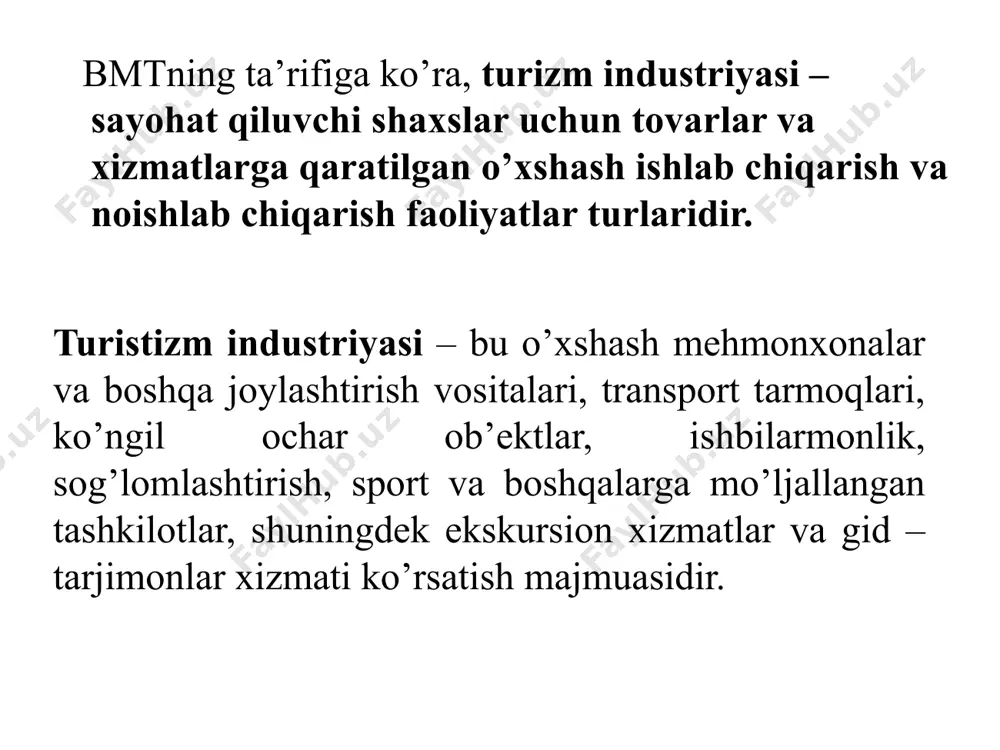 shishlariga xizmat qiladi. harakatlar soni bo'yicha dunyodagi eng yirik aviakompaniyalar amerikaning delta air liniyalari, pan amerikan, united, frantsiyaning air france, germaniyaning lufthansa, british british airways va boshqalar. rossiyaning aeroflot yirik aviakompaniyasi hisoblanadi. turistik sayohatni tashkil etish doirasida sayyohlik kompaniyalari va aviakompaniyalar o'rtasidagi o'zaro munosabatlarning bir necha shakllari mavjud: o'rinlarni bron qilish va aviakompaniyalar orqali aviachiptalarni sotib olish; o'rinlarni bron qilish va bronlash tizimlari orqali aviachiptalarni sotib olish; aviakompaniya bilan muntazam aviakompaniyalarda o'rinlar kvotasi bo'yicha kelishuv; agentlik shartnomasi va o'z turistlari uchun aviachiptalarni sotish bo'yicha agentlik sifatida ishlash; turistlarni tashish uchun charter reyslarini tashkil etish turizmda avtomobil transporti turistik xizmatlarda foydalaniladigan avtoulov xizmatlari uchta asosiy yo'nalishni o'z ichiga oladi: 1) avtobus safarlarini tashkil etish; 2) turistlarning shaxsiy transportida sayohatni tashkil etish; 3) avtomobil ijarasi xalqaro turizmda joylashtirish vositalari birinchi mehmonxonalar (karvonsaroylar) miloddan avvalgi 2 ming yildan ko'proq vaqtlarda paydo bo'lgan. mehmonxona dam olish xonasi (yotoq xonalari), taverna va otlar uchun panjaradan …