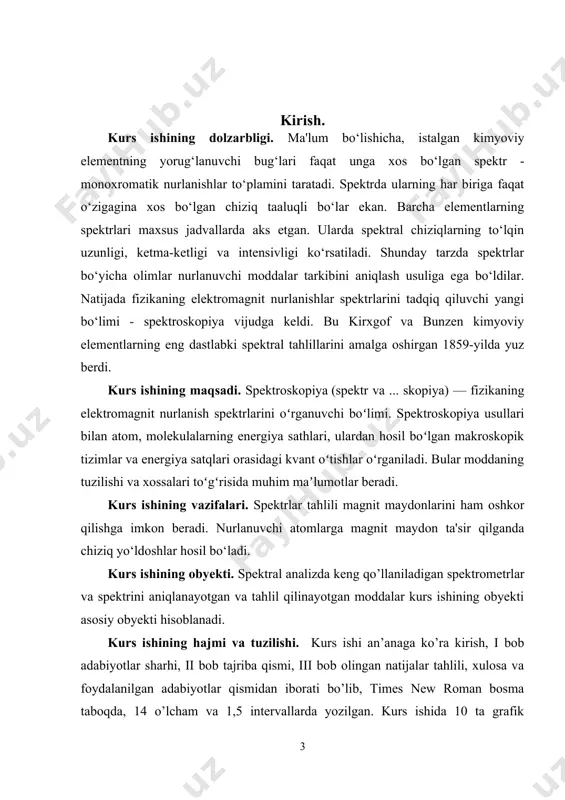 iladi. spektroskopiyaning paydo boʻlishi (i. nyuton birinchi bor quyosh nurlarini spektrga ajratgan vaqti) 1666 yillarga toʻgʻri keladi. asosan, 19-asrning boshidan spektral sistematik ravishda oʻrganilgan. spektroskopiya maʼlum belgilarga koʻra, mas, elektromagnit toʻlqinlarning toʻlqin uzunligiga koʻra radiospektroskopiya (radiotoʻlqin sohasi), optik spektroskopiya, rentgen spektroskopiyasi va h.k., tekshirilayotgan tizimlarning xiliga qarab atom spektroskopiyasi, molekulyar spektroskopiya va boshqa boʻlimlarga boʻlib qaraladi. atom spektroskopiyasi spektrlarni tahlil qilish yoʻli bilan atom elektronlari qobiqlarining tuzilishini aniqlash; spektral chiziqlarning oʻta nozik strukturasini oʻrganish orqali atom yadrolarining momentlari haqida maʼlumotga ega boʻlish; spektral chiziqlarning ravshanligi, yutilishi, kengayishi va surilishi orqali atomlar hosil qilgan muhitning xossalarini oʻrganish bilan shugʻullanadi. kristallar spektroskopiyasi da kristallardagi energetik holatlar va ular orasidagi oʻtishlarni oʻrganuvchi muhim usullar karaladi. spektroskopiya elektronli va fononli (panjaraning kvantlangan tebranishlari) boʻladi. mole kul yar spektroskopiya — har xil jism molekulalaridan tuzilgan murakkab gaz, suyuqlik va qattiq holatdagi moddalarning spektrlarini tekshiradi. rentgen nurlari spektroskopiyasi moddaning elektron tuzilishini yutilayotgan, chikayotgan rentgen nurlari spektrlari …