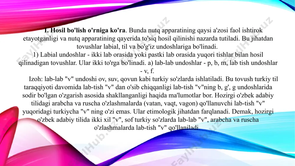 sh bo'lib, so'zning boshida (devor, do'kon, dala), o'rtasida (shabada, sodda, to'da) va oxirida (qasd, hudud, gard ) kela oladi. so'z oxirida kelgan d tovushi talaffuzda hamma vaqt jarangsizlashadi va t tovushiga o'tadi: asad>asat, samarqand>samarqant, xo jand>xo janx kabi. bu tovush ham o'zlashma so'zlar tarkibidagi qo'sh undoshlar ichida kelganda tushib qolishi mumkin: farzand>farzcm, baland>balan. n tovushi til oldi, portlovchi-sirg'aluvchi, burun, sonor, jarangli undosh tovush bo'lib, so'zning boshida (nom, nima, nusxa), o'rtasida (aniq, tiniq) va oxirida (un, to'n, son) kela oladi. bu tovush ayrim so'zlar tarkibida b yoki m tovushlaridan oldin kelganda, shu tovushlar ta'sirida talaffuzda (yozuvda aslicha yoziladi) m tovushiga o'tadi: manba>mamba, tanbal>tambal, ko nmadi >ko mmadi kabi. .yumuq fokusli burun tovushlari (ruscha: smichno-nosoviesoglasnie). bu guruhga m, n, n undoshlari kiritiladi: a) «m» ning artikulyatsiyasida ikkala lab orasida yuzaga kelgan to`siq havo yo`lini yopadi (yumuq fokus yuzaga keladi), natijada, havo oqimi to`siqqa urilib, orqaga qaytadi va burun bo`shlig`idan sirg`alib o`tadi (bunda …