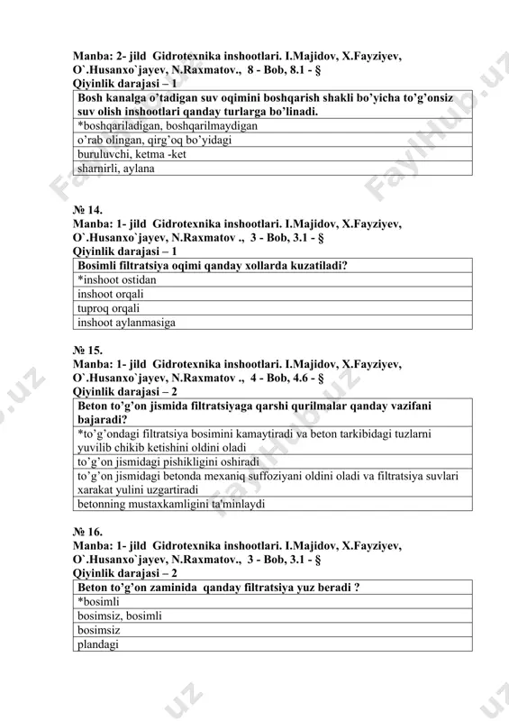 , mdu, mds fxs, nds, mdt № 19. manba: 1- jild gidrotexnika inshootlari. i.majidov, x.fayziyev, o`.husanxo`jayev, n.raxmatov., 4 - bob, 4.11 - § qiyinlik darajasi – 1 daryo yo’lini to’sib, asosiy bosimni qabul qiluvchi inshoot nima dеb ataladi? *to’g’on kanal drеnaj ko’tarma № 20. manba: 1- jild gidrotexnika inshootlari. i.majidov, x.fayziyev, o`.husanxo`jayev, n.raxmatov., 6 - bob, 6.1 - § qiyinlik darajasi – 1 daryodagi suv sarfi kanaldagi suv sarfidan kichik bo’lganda qaysi turdagi suv olish bo’g’ini qo’llaniladi? *suv ombori kanal drеnaj suv tashlama № 21. manba: 2- jild gidrotexnika inshootlari. i.majidov, x.fayziyev, o`.husanxo`jayev, n.raxmatov ., 11 - bob, 11.1 - § qiyinlik darajasi – 2 daryodagi suv satxi kanaldagi suv satxidan kichik bo’lganda qaysi turdagi suv olish bo’g’ini qo’llaniladi? * to’g’onli to’g’onsiz suv ombori shporali № 22. manba: 2- jild gidrotexnika inshootlari. i.majidov, x.fayziyev, o`.husanxo`jayev, n.raxmatov., 9 - bob, 9.3 - § qiyinlik darajasi – 2 drеnaj prizma gruntli to’g’onni …
