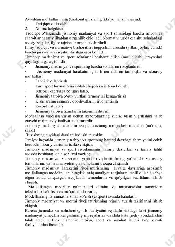 amoat tashkilotlarini aholini davlat siyosatida tarbiyalash uchun olib borilayotgan g‘oyaviy-siyosiy, xalqlar o‘rtasidagi do‘stlik va rahbarlik ishlariga to‘la amal qilgan holda ish tutishi ko‘zda tutiladi. 4. jismoniy madaniyat va sportni targ‘ibot qilish, aholining barcha tabaqalariga qarab, ularning hayotida jismoniy tarbiya va sportni singdirish masalalari bo‘yicha faol ish olib boorish masalari qo‘yiladi 5. boshqaruvchanlik mehnati faoliyatini ilmiy tashkil qilish. bunda rahbar kadrlar ish faoliyatida yanghi ish usullari, vaqtdan unumli foydalanish, ilg‘or sinalgan tajribalarga tayanib, ish samaralarini ko‘paytirish maqsadida barchamehnat faoliyatlarini ilmiy asoslangan usullar asosida olib borishi zarurdir. 6. quyi tarmoqdagi faoliyatlarni takomillashtirish maqsadida dastur va metodik qo‘llanmalar bilan ta’minlash. 7. aholi o‘rtasida jismoniy tarbiya va sportni ommaviy ravishda rivojlantirish. 8. turli tugaraklar, musobaqalar tashkil qilish, yoshlarning sport mahoratini oshirish. 9. aholining kundalik turmushiga va faoliyatiga jismoniy tarbiya va sportni tobora kengroq singdirib boorish 10. sobiq ittifoqdagi respublikalar va jismoniy tarbiya va sport harakati faoliyatlarini o‘zaro tajriba almashish yo‘li bilan tanqidiy o‘rganish va …