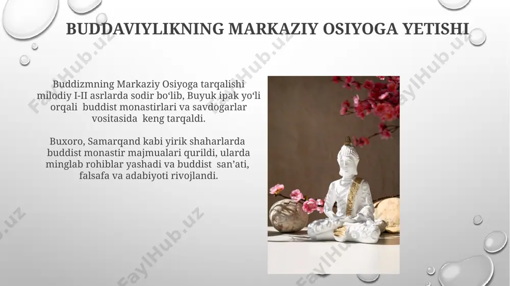 oy orqali, yangi ta'limotlar va san'at shakllari bilan janubi-sharqiy osiyoga kirib kelgan. suriyo-shri lanka buddizmi an'analari ham, taxminan 1000 yil davomida, mahalliy urf-odatlar bilan uyg'unlashgan holda, turli xalqlarga ta'sir ko'rsatib, janubi-sharqiy osiyodagi buddizm rivojiga hissa qo'shgan. buddaviylikning zamonaviy rivojlanishi zamonaviy buddaviylikning rivojlanishiga turli buddist maktablari o'rtasidagi hamkorlik va dialog, masalan, theravada va mahayana oqimlari o'rtasidagi o'zaro tushunishning kuchayishi ta'sir ko'rsatdi. tibet buddizmi, vajrayana an'anasi, xx asrning ikkinchi yarmidan buyon g'arbda keng tarqalib, minglab yangi markazlar va monastirlarning ochilishini ta'minladi. e'tiboringiz uchun rahmat @taqdimot_robot image3.png image4.jpg image5.jpg image6.jpg image7.jpg image8.jpg image9.jpg image10.jpg image11.jpg image12.jpg image13.jpg image14.jpg image15.jpg image1.png