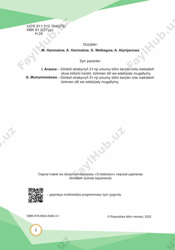..................................................................................37 11-nji ders. sapagyň temasy: a witamini. tekstiň üsti bilen sözlemleriň many we pikir aňladyşy boýunça bölünişini öwretmek. ...........................40 12-nji ders. sapagyň temasy: güýzki gök önümler saglygy berkidýär. .........44 13-nji ders. sapagyň temasy: göreş-milli sportuň görnüşi. sözlemde sözleriň baglanyş tärleri. .............................................................................48 14-nji ders. sapagyň temasy: ýumuşlar arkaly basym, pauza, intonasiýa we inwersiýa hadysasyny öwretmek .........................................................53 15-nji ders. sapagyň temasy: geçilenleri gaýtalamak ....................................56 16-nji ders. sapagyň temasy: ýazuw barlag işi..............................................59 17-nji ders. sapagyň temasy: ýalňyş üstünde işlemek. .................................61 18-nji ders. sapagyň temasy: gelejek hünärleri. tekst arkaly sözlem agzalary barada düşünje bermek. .............................................................62 19-njy ders. sapagyň temasy: hünärim bar-hormatym bar............................65 20-nji ders. sapagyň temasy: weterinar. tekst we gönükmeler arkaly eýe barada düşünje bermek ......................................................................68 21-nji ders. sapagyň temasy: gönükmeler arkaly sada we goşma eýe barada düşünje bermek ..............................................................................71 22-nji ders. sapagyň temasy: geçilenleri berkitmek .....................................74 23-nji ders. sapagyň temasy: puly maksatly sarplamak. habar. ...................77 24-nji ders. sapagyň temasy: ykdysadyýetçi. tekst arkaly sada …
