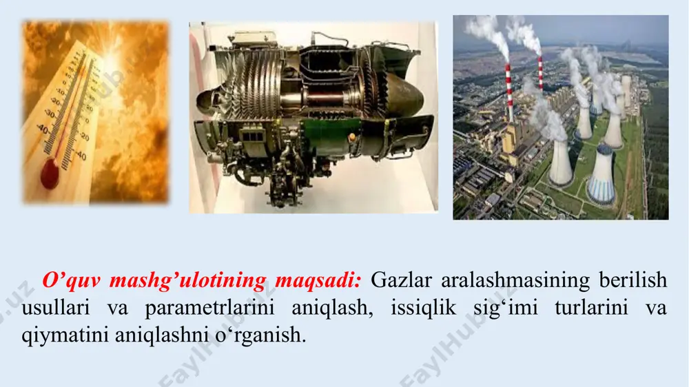 ning koʻtarilishiga, ikkinchi qismi tashqi ish bajarishga sarflanadi. demak, bir gazning oʻzini bir xil sharoitda bir xil temperaturagacha qizdirilganda izobarik prosessda, izoxorik prosessdagiga qaraganda koʻproq issiqlik sarflash kerak boʻladi. shuning uchun сp>сv boʻladi. ular orasidagi miqdoriy bogʻliqlik mayer tenglamasiga koʻra aniqlanadi: cp-сv=r (2.13) termodinamikada izoborik va izoxorik issiqlik sigʻimlarining nisbati keng qoʻllaniladi, k harfi bilan belgilanib-adiabata koʻrsatgichi deyiladi: k=cp /cv (2.14) klassik-kinetik nazariyaga koʻra k-ni molekula erkinlik darajalari sonidan foydalanib topishimiz mumkin: agar cx =const deb qabul kilsak, (2.20) ifodaga asosan: i=3 boʻlganda bir atomli gaz uchun k=1.66; i=5 boʻlganda ikki atomli gaz uchun k=1.4; i=6 boʻlganda uch va koʻp atomli gaz uchun k=1.33 boʻladi: amaliy hisoblashlarda oʻrtacha issiqlik sigʻimidan foydalaniladi. jismga berilayotgan issiqlik miqdori q1-2 ni temperaturalar farqi t2-t1 ga nisbati shu jismning t1-t2 temperaturalar oraligʻidagi oʻrtacha issiqlik sigʻimi deyiladi: agar o dan t, 0c gacha oraliqdagi issiqlik sigʻimi jadvallarda berilgan boʻlsa, oʻrtacha issiqlik sigʻimi quyidagi tenglikdan topilishi mumkin: …