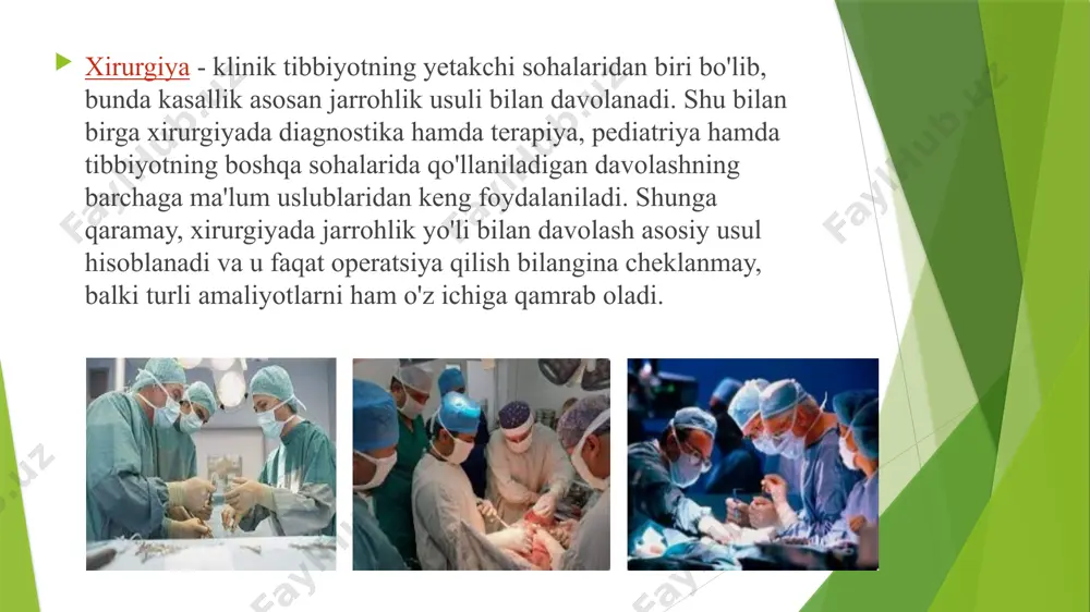 tika deganda esa jarohat patologik tuzilmasidagi yoki organizmd agi mikroblarni yo'qotish yoki miqdorini kamaytirishga qaratilgan chora-tadbirlar tushuniladi. aseptika - deb, fizik omillar va kimyoviy preparatlardan foydalanish yo'li bilan operatsiya jarohatiga mikroblar tushishining oldini olishni ta'minlovchi tadbirlar yig'indisiga aytiladi. operatsiya bloki. 1-operatsiya xonasi; 2-sterilizatsiyalash xonasi; 3-sun'iy qon aylanish laboratoriyasi; 4-uskunaxona; 5-narkoz xona; 6-bemorlarning uyg'onish xonasi; 7-birinchi steril zonaning ichki koridori; 8-qo 7 yuvish xonasi; 9- sanitariya pronusknigi; 10-operatsiya oldi xonasi; 11-ikkinchi steril zonaning koridori; 12-asbob-uskunalar saqlanadigan xona; 13-ichkiyim saqlanadigan xona; 14-qon saqlanadigan xona; 15-to'qimalarni tayyorlash xonasi; 16- yozuv-chizuv xonasi; 17-hamshiralar xonasi; 18-anesteziologlar xonasi; 19 - tezkor analizlar laboratoriyasi; 20-katta hamshira xonasi mustahkamlash uchun! 2 ta guruh shakllantiriladi va quyidagi slaydda keltirib o’tilgan muhim so’zlarni davom ettirishadi! xirugiya- aseptika- antiseptika- operatsiya- gipokrat- galen- antiseptika- operatsiya- galen- abu ali ibn sino- turkiston universiteti- misr, hindiston, yunoniston, xitoy, vizantiya- e’tiboringiz uchun raxmat! o’qituvchi : atajanova y.u image1.tmp image2.tmp image3.tmp image4.tmp image5.tmp image6.tmp image7.tmp image8.tmp …