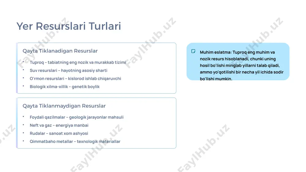 els/notesslide6.xml.rels ppt/notesslides/_rels/notesslide7.xml.rels ppt/notesslides/_rels/notesslide8.xml.rels ppt/notesslides/_rels/notesslide9.xml.rels ppt/_rels/presentation.xml.rels ppt/slidelayouts/_rels/slidelayout1.xml.rels ppt/slidelayouts/_rels/slidelayout10.xml.rels ppt/slidelayouts/_rels/slidelayout11.xml.rels ppt/slidelayouts/_rels/slidelayout12.xml.rels ppt/slidelayouts/_rels/slidelayout13.xml.rels ppt/slidelayouts/_rels/slidelayout14.xml.rels ppt/slidelayouts/_rels/slidelayout15.xml.rels ppt/slidelayouts/_rels/slidelayout16.xml.rels ppt/slidelayouts/_rels/slidelayout17.xml.rels ppt/slidelayouts/_rels/slidelayout18.xml.rels ppt/slidelayouts/_rels/slidelayout19.xml.rels ppt/slidelayouts/_rels/slidelayout2.xml.rels ppt/slidelayouts/_rels/slidelayout20.xml.rels ppt/slidelayouts/_rels/slidelayout21.xml.rels ppt/slidelayouts/_rels/slidelayout3.xml.rels ppt/slidelayouts/_rels/slidelayout4.xml.rels ppt/slidelayouts/_rels/slidelayout5.xml.rels ppt/slidelayouts/_rels/slidelayout6.xml.rels ppt/slidelayouts/_rels/slidelayout7.xml.rels ppt/slidelayouts/_rels/slidelayout8.xml.rels ppt/slidelayouts/_rels/slidelayout9.xml.rels ppt/slidemasters/_rels/slidemaster1.xml.rels ppt/slides/_rels/slide1.xml.rels ppt/slides/_rels/slide10.xml.rels ppt/slides/_rels/slide11.xml.rels ppt/slides/_rels/slide12.xml.rels ppt/slides/_rels/slide13.xml.rels ppt/slides/_rels/slide14.xml.rels ppt/slides/_rels/slide15.xml.rels ppt/slides/_rels/slide16.xml.rels ppt/slides/_rels/slide17.xml.rels ppt/slides/_rels/slide18.xml.rels ppt/slides/_rels/slide19.xml.rels ppt/slides/_rels/slide2.xml.rels ppt/slides/_rels/slide20.xml.rels ppt/slides/_rels/slide3.xml.rels ppt/slides/_rels/slide4.xml.rels ppt/slides/_rels/slide5.xml.rels ppt/slides/_rels/slide6.xml.rels ppt/slides/_rels/slide7.xml.rels ppt/slides/_rels/slide8.xml.rels ppt/slides/_rels/slide9.xml.rels [content_types].xml dunyo yer resurslari va ularning foydalanilishi reja: 1.yer resurslari – insoniyatning asosiy boyligi 2.dunyo bo'yicha ye