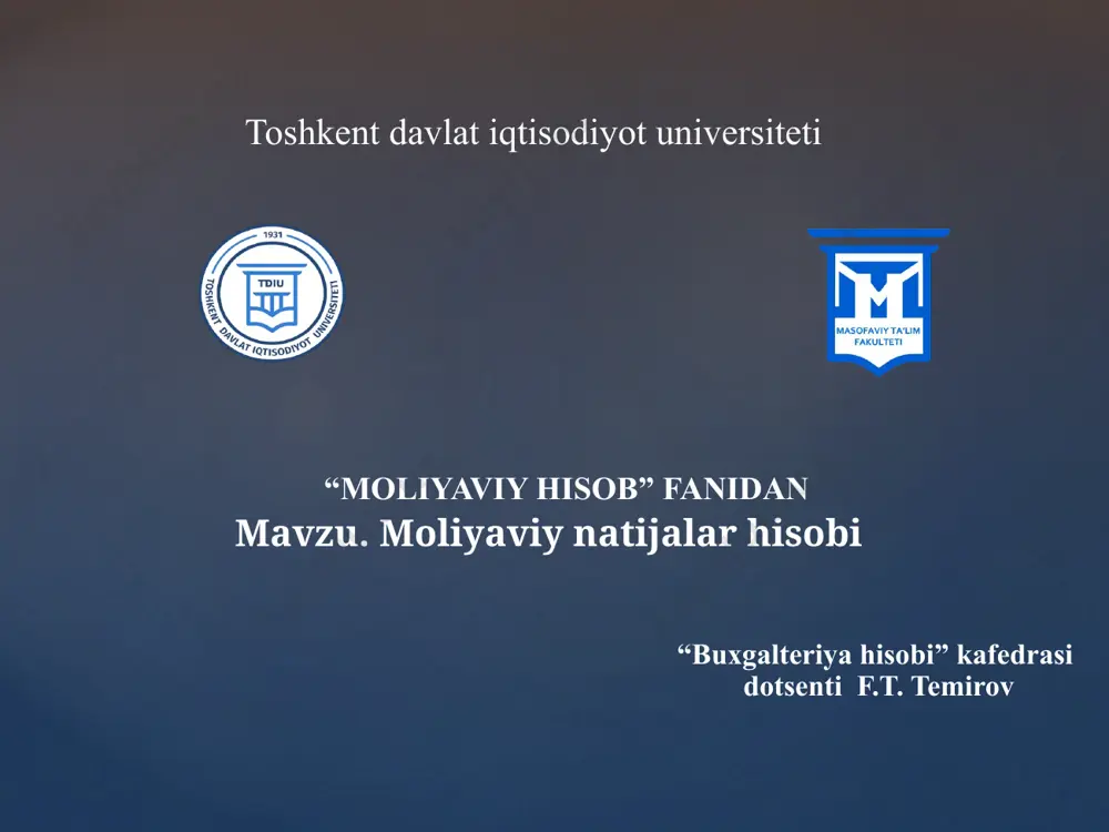 otning ishlab chiqarish tannarxi o‘rtasidagi tafovut sifatida aniqlanadi. yaf=stt-it mahsulot sotishdan olingan yalpi foyda – bu mahsulot sotishdan olingan yalpi foyda bilan davr xarajatlari o‘rtasidagi tafovut va plyus asosiy faoliyatdan ko‘rilgan boshqa daromadlar yoki boshqa zararlar sifatida aniqlanadi. aff=yaf-dx+bd-bz asosiy faoliyatdan ko‘rilgan foyda – bu asosiy faoliyatdan olingan foyda summasi plyus moliyaviy faoliyatdan ko‘rilgan daromadlar va minus zarar sifatida aniqlanadi. uf=aff+md-mx o‘mumxo‘jalik faoliyatidan olingan foyda (yoki zararlar) –bu umumxo‘jalik faoliyatidan olingan foyda plyus favqulodda vaziyatlarda ko‘rilgan foyda minus favqulodda vaziyatlarda ko‘rilgan zarar sifatida aniqlanadi. stf=uf+ff-fz soliq to‘langungacha olingan foyda yilning sof foydasi – bu soliq to‘langandan keyin xo‘jalik yurituvchi ixtiyorida qoladigan, o‘zida daromad (foyda) dan to‘lanadigan soliqni va minus qonun boshqa soliqlar hamda to‘lovlarni chiqarib tashlangan holda soliqlar to‘langunga qadar olingan foydani ifodalaydi. sf=stf-fs-bs daromadlarni shakllanishi 21-bhmsga asosan schotlar rejanining 9- bo‘limidagi quyidagi nistetik schyotlarda hisobga olinadi: daromadlarni hisobga oluvchi schyotlar 9000 «asosiy (operatsion) faoliyatdan olingan daromadlarv» 9300 «asosiy faoliyatdan …