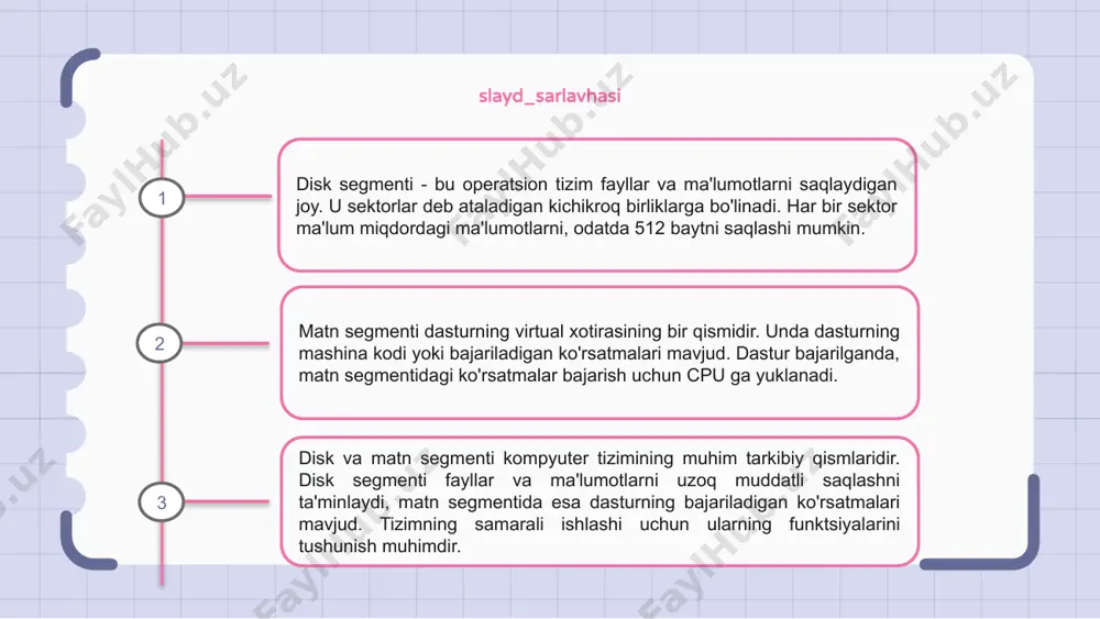 aniqlash va hal qilish uchun disk va matn segmentlariga muntazam texnik xizmat ko'rsatish va monitoring qilish juda muhimdir. 1 2 3 slayd_sarlavhasi disk segmenti katta hajmdagi ma'lumotlar fayllari va hujjatlarni saqlash uchun ishlatiladi. u fayllarni samarali tartibga solish va ularga kirish imkonini beradi. boshqa tomondan, matn segmenti dasturning bajariladigan kodini saqlash uchun ishlatiladi. unda dasturni bajarish uchun kompyuter amal qiladigan ko'rsatmalar mavjud. disk va matn segmenti kompyuter tizimida muhim rol o'ynaydi, disk segmenti saqlash vositasi va matn segmenti dasturni bajarish vositasi sifatida xizmat qiladi. slayd_sarlavhasi xulosa qilib aytganda, disk va matn segmenti ma'lumotlarni saqlash va olishda hal qiluvchi rol o'ynaydi. disk jismoniy xotirani ta'minlaydi, matn segmenti esa muhim metama'lumotlarni saqlaydi. ikki komponentning o'zaro ta'siri ma'lumotlarni samarali boshqarishni ta'minlashda ajralmas hisoblanadi. ularning funktsiyalarini tushunish ma'lumotlarni saqlash va kirishni optimallashtirish uchun kalit hisoblanadi. umuman olganda, disk va matn segmenti ma'lumotlarni saqlash tizimidagi muhim komponentlar bo'lib, ma'lumotlarni boshqarishda uzluksiz va tartibli yondashuvni ta'minlash …