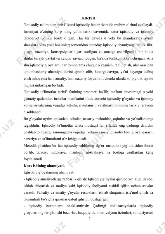 yalar qishloq xo‘jaligi, savdo, ishlab chiqarish va moliya kabi iqtisodiy faoliyatni tashkil qilish uchun asoslar yaratdi. falsafiy va amaliy g'oyalar resurslarni ishlab chiqarish, iste'mol qilish va taqsimlash bo'yicha qarorlar qabul qilishni boshqargan. - iqtisodiy institutlarni shakllantirish: qadimgi sivilizatsiyalarda iqtisodiy g‘oyalarning rivojlanishi bozorlar, huquqiy tizimlar, valyuta tizimlari, soliq siyosati va davlat aralashuvi mexanizmlari kabi institutlarning shakllanishiga yordam berdi. bu institutlar iqtisodiyotni boshqarish va tartibga solish uchun asos yaratdi. - savdo va savdoni rivojlantirish: iqtisodiy g'oyalar savdo munosabatlari, bozor almashinuvi va tsivilizatsiyalar ichida va ular orasidagi savdo faoliyatini rag'batlantirdi. valyuta, kredit, shartnomalar va infratuzilmani rivojlantirish kabi tushunchalar iqtisodiy o'zaro aloqalarni ta'minladi va iqtisodiy o'sishga yordam berdi. - iqtisodiy o'sishga ko'maklashish: resurslarni boshqarish, mahsuldorlikni oshirish va resurslarni samarali taqsimlashda iqtisodiy g'oyalarni qo'llash qadimgi jamiyatlarda iqtisodiy rivojlanish va farovonlikni qo'llab-quvvatlagan. qishloq xo'jaligi, texnologiya va savdo tarmoqlaridagi innovatsiyalar turmush darajasi va madaniy almashinuvni oshirdi. kurs ishining maqsadi. iqtisodiy g‘oyalar maqsadi: - resurslarni taqsimlashni optimallashtirish: iqtisodiy …