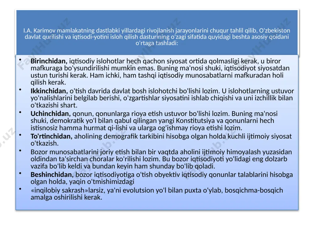 ni har bir fuqaro qadr-u qimmati, shaxsiyati, oriyati darajasida anglash. ikkinchi ustuvor yo'nalish - mamlakatimizda xavfsizlik va barqarorlikni ta'minlash, davlatimizni hududiy yaxlitligini, sar-hadlarimiz daxlsizligini, fuqarolarimiz tinchligi va osoyishtaligini ta'minlash. uchinchi ustuvor yo'nalish - bozor islohotlarini yanada chu­qurlashtirish, kuchli bozor infratuzilmasini yaratish, barqaror va mustahkam iqtisodiyotning muhim sharti bo'lgan erkin iqtisodiyot tamoyillarini joriy etish. to'rtinchi ustuvor yo'nalish - inson huquqlari va erkinliklari-ni, so'z va matbuot erkinligini, shuningdek, oshkoralikni, jamiyatda amalga oshirilayotgan islohotlarning ochiqligini ta'minlaydigan de­mokratik tamoyillarni amalda joriy etish. beshinchi ustuvor yo'nalish - jamiyat hayotida nodavlat va notijorat tashkilotlarining o'rni va rolini oshirish, ularning faoliyat doirasini kengaytirish orqali fuqarolik jamiyatini barpo etish jara­yonlarini chuqurlashtirish, «kuchli davlatdan - kuchli jamiyat sari» tamoyilini amalga oshirish. oltinchi ustuvor yo'nalish - sud-huquq sohasini isloh qi­lish, sud-huquq idoralarining mustaqilligi va ta'sirchan faoliyatini ta'minlash, qonun ustuvorligini, inson haq-huquqlarini, erkinliklari-ni himoya qilish, huquq organlarini «jazolovchi» organlardan fuqaro manfaatini himoya qiladigan, uni erkin yashashiga kafolat beradigan organlarga aylantirish. yettinchi …