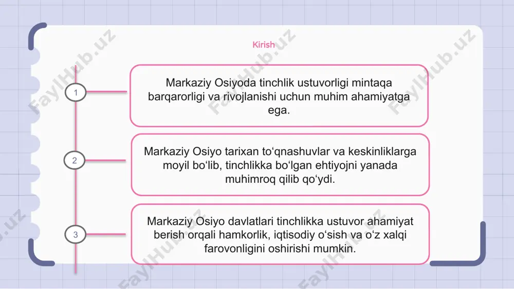 aqada barqarorlik va taraqqiyotga yordam berishi mumkin. tinchlik uchun qiyinchiliklar markaziy osiyoda tinchlik ustuvorligi mintaqada barqarorlik va xavfsizlikni saqlashda hal qiluvchi ahamiyatga ega. biroq, mintaqaviy mojarolar va terrorizm kabi tinchlikka tahdid soladigan bir qancha muammolar mavjud. barcha manfaatdor tomonlar ushbu muammolarni hal qilish va markaziy osiyoda barqaror tinchlik va taraqqiyot yo‘lida harakat qilishlari muhim ahamiyatga ega. 1 2 3 siyosiy dinamika markaziy osiyoda tinchlikning ustuvorligi turli siyosiy dinamika bilan shakllanadi. mintaqaga yirik davlatlarning manfaatlari va harakatlari, shuningdek, ichki raqobat va mojarolar ta’sir qiladi. markaziy osiyo davlatlarining iqtisodiy rivojlanishi va farovonligi uchun siyosiy barqarorlik va xavfsizlik muhim ahamiyatga ega. shu bois tinchlikni saqlash va mojarolarni diplomatik yo‘llar bilan hal etishga katta e’tibor qaratilmoqda. birlashgan millatlar tashkiloti, yevropada xavfsizlik va hamkorlik tashkiloti kabi xalqaro tashkilotlarning ishtiroki ham mintaqada tinchlikni mustahkamlash va siyosiy muammolarni hal etishda muhim rol o‘ynaydi. iqtisodiy oqibatlar markaziy osiyoda tinchlik ustuvorligi muhim iqtisodiy ahamiyatga ega. barqaror va tinch mintaqa …