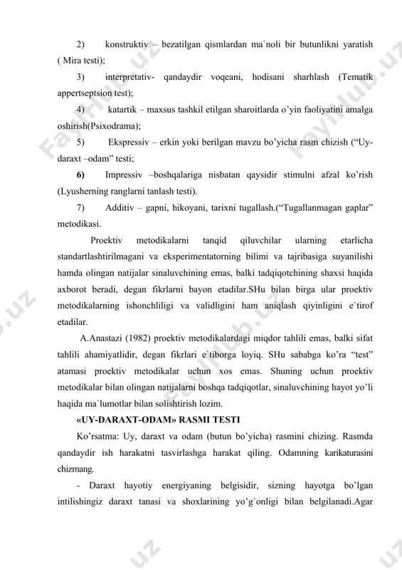a qandaydir ish harakatni tasvirlashga harakat qiling. odamning karikaturasini chizmang. - daraxt hayotiy energiyaning belgisidir, sizning hayotga bo’lgan intilishingiz daraxt tanasi va shoxlarining yo’g`onligi bilan belgilanadi.agar rasmda daraxt sezilarli joyni egallagan bo’lsa, bu katta energiyadan va hayotga ijobiy yondashuvdan dalolat beradi. - shamol tufayli daraxt u tomonga engashib turibdi, siz xavfsizlikka va uy sharoitidagi sokinlikka intilasiz. bu obraz o’tmishga o’ralashib qolganlikni ham ifodalashi mumkin. - shoxlar pastga yo’naltirilgan. bunday rasmni hal qilinmagan muammolari ko’p bo’lgan odamlar chizadi. majnuntol ko’pincha depressiya va o’tmishga o’ralashib qolganlikni ifodalaydi. - shoxlar yuqoriga yo’naltirilgan. agar daraxt erda mustahkam turgan bo’lsa, bunday rasm oldinga intiladigan, etarlicha muvaffaqiyatli hayotga erishgan, intilishi bor shaxsni ifodalaydi. shoxlar har tomonga qaragan bo’lsa, o’zining tan olinishini izlash. agar shoxlar va daraxt tanasi bir chiziqda yasalgan bo’lsa - odamning hayotdagi mavjud noxushliklardan qochishga intilishi, narsalarga real qarashdan qochish. shoxlar tashqariga yo’naltirilgan bo’lsa - odatda boshqalarga yordam berishni yaxshi ko’radigan odamlar shunday rasm …