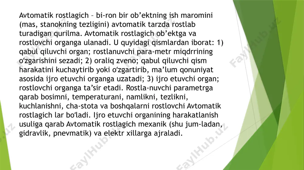 rgiya, koks kimyosi, kimyo sanoati va boshqalarda, shuningdek issiqlik elektr styalarida bugʻ qozoni bosimini rostlashda ishlatiladi. astatik rostlagich — rostlash tizimiga tashqi omil taʼsir qilganda ham rostlanuvchi miqdor qiymatini bir meʼyorda tutib turadigan avtomatik qurilma. buning uchun rostlash sxemasiga integrallovchi zveno kiritiladi. masalan, suv sathini astatik rostlash qurilmasida suv qancha sarf boʻlishidan qatʼi nazar, rostlanuvchi miqdor (suv sathi) faqat maʼlum qiymatdagina barqaror holatga keladi; bu holat rele oʻrta kontaktining neytral vaziyatiga mos keladi. astatik rostlagich quyidagicha ishlaqdi: suv sarfi oshganda qalqovuch pastga tushib, yuqori kontaktni ulaydi, elektr dvigatel ishlay boshlaydi, zulfin ochiladi, suv kela boshlaydi. suv sarfi kamayganda qalqovuch koʻtariladi va pastki kontaktni ulaydielektr dvigatel ishlab, zulfinni berkitadi, suv kelishi toʻxtaydi. bu astatik rostlagichni boshqa suyuqliklarga ham qoʻllash mumkin "avtomatik rostlagich" so'zi turli sohalarda foydalaniladi va undagi turlar mavjud bo'lishi mumkin. bu tur sohalardan ba'zilari quyidagilardir: 1. texnika va mashinalar: avtomobillar, yengilmas mulk mashinalari, ish mashinalari kabi texnikalar avtomatik ravishda …