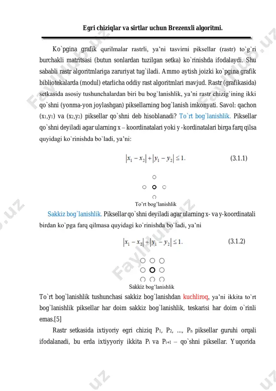 ilan kesma berilgan bo`lsin. to`g`ri burchakli to`rtburchak esa quyidagi qiymatlar bilan berilgan bo`lsin: xmin, ymin, xmax, ymax (3.3.1) xususiy holni ko`ramiz, ya’ni kesmaning bir uchi to`g`ri to`rtburchakli sohani ichida, ikkinchisi esa tashqarida joylashgan bo`lsin. aynan shu holat bizni kiziktiradi. bu yerda kesmani soha chegarasi bilan kesilish nuqtasi topish kerak. faraz qilamizki (x1,y1) nuqta to`g`ri burchakli to`rtburchak tashqarisida, (x2,y2) nuqta esa soha ichida yotsin. ushbu masalani echishda (x1,y1) va (x2,y2) nuqtalaridan o`tuvchi to`g`ri chiziq tenglamasidan foydalanamiz. qaralayotgan masalada, ya’ni kesilish nuqtasini aniqlash jarayonida quyidagi hollar bo`lishi mumkin:[5] if x1 1 (1>α>0) - absiss o`qi bo`ylab cho`zish (siqish), β>1 (1>β>0) - ordinat o`qi bo`ylab (siqish) cho`zish, γ>1 (1>γ>0) - applikat o`qi bo`ylab (siqish) cho`zish. 3. burish: absiss o`qi buylab φ burchakka burish: ordinat o`qi bo`ylab ψ burchakka burish: applikat o`qi bo`ylab θ burchakka burish. 4. akslantirish: xy tekisligiga nisbatan akslantirish: yz tekisligiga nisbatan akslantirish: zx tekisligiga nisbatan akslantirish: (3.4.15) (3.4.16) (3.4.17) (3.4.18) …